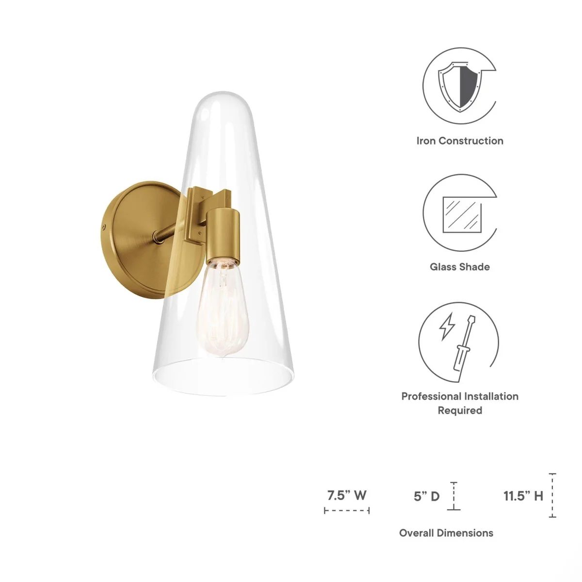 1-Light Glass Cone Wall Sconce – Glass Cone Wall Light Fixture with Metal Accents - Image 11