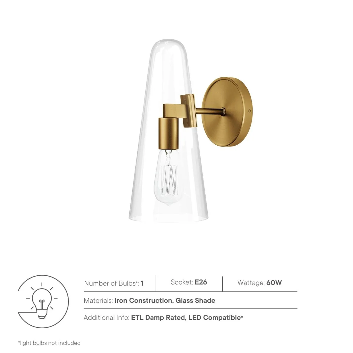 1-Light Glass Cone Wall Sconce – Glass Cone Wall Light Fixture with Metal Accents - Image 12