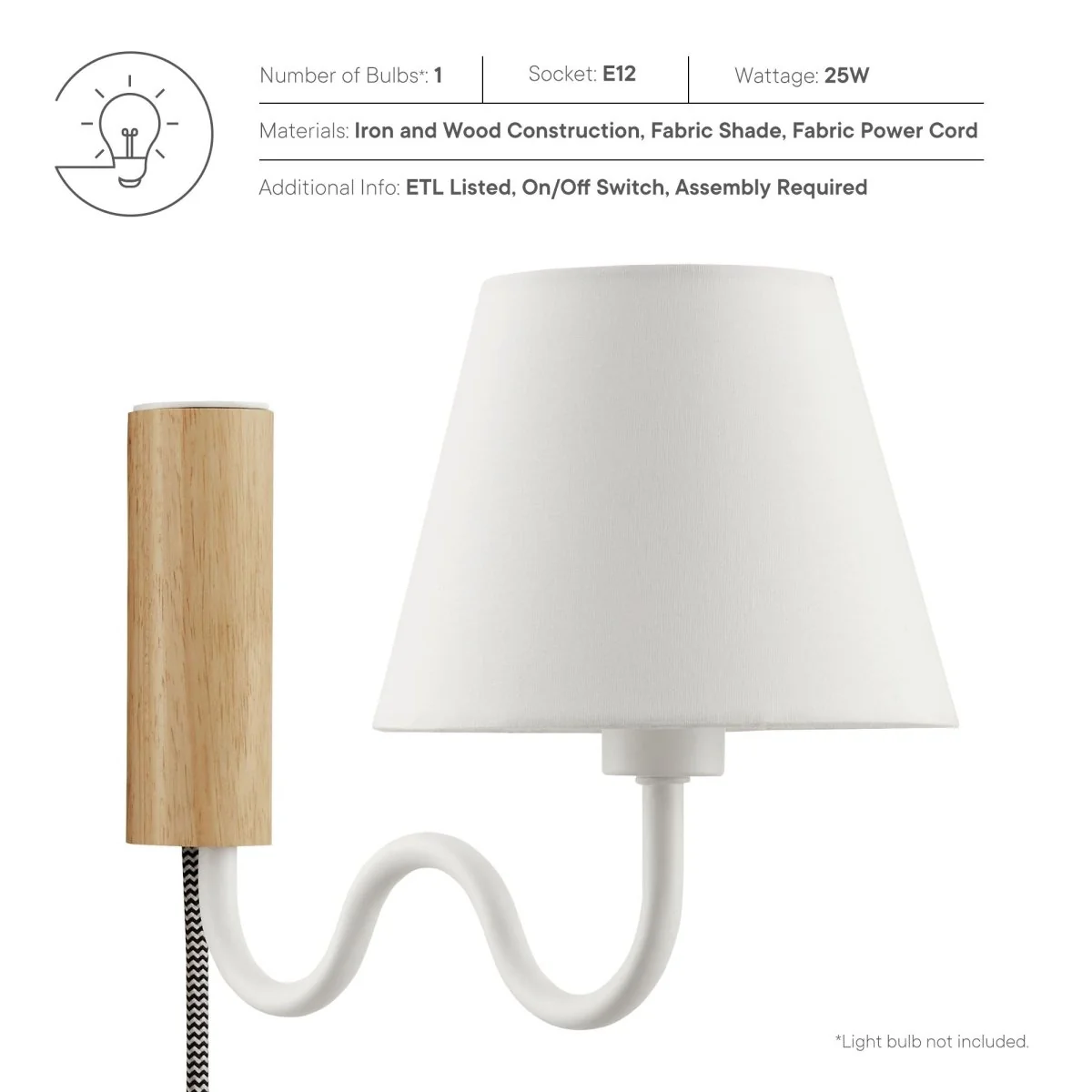 1-Light Squiggle Arm Wall Sconce with Fabric Shade, Modern Curved Arm Design - Image 14