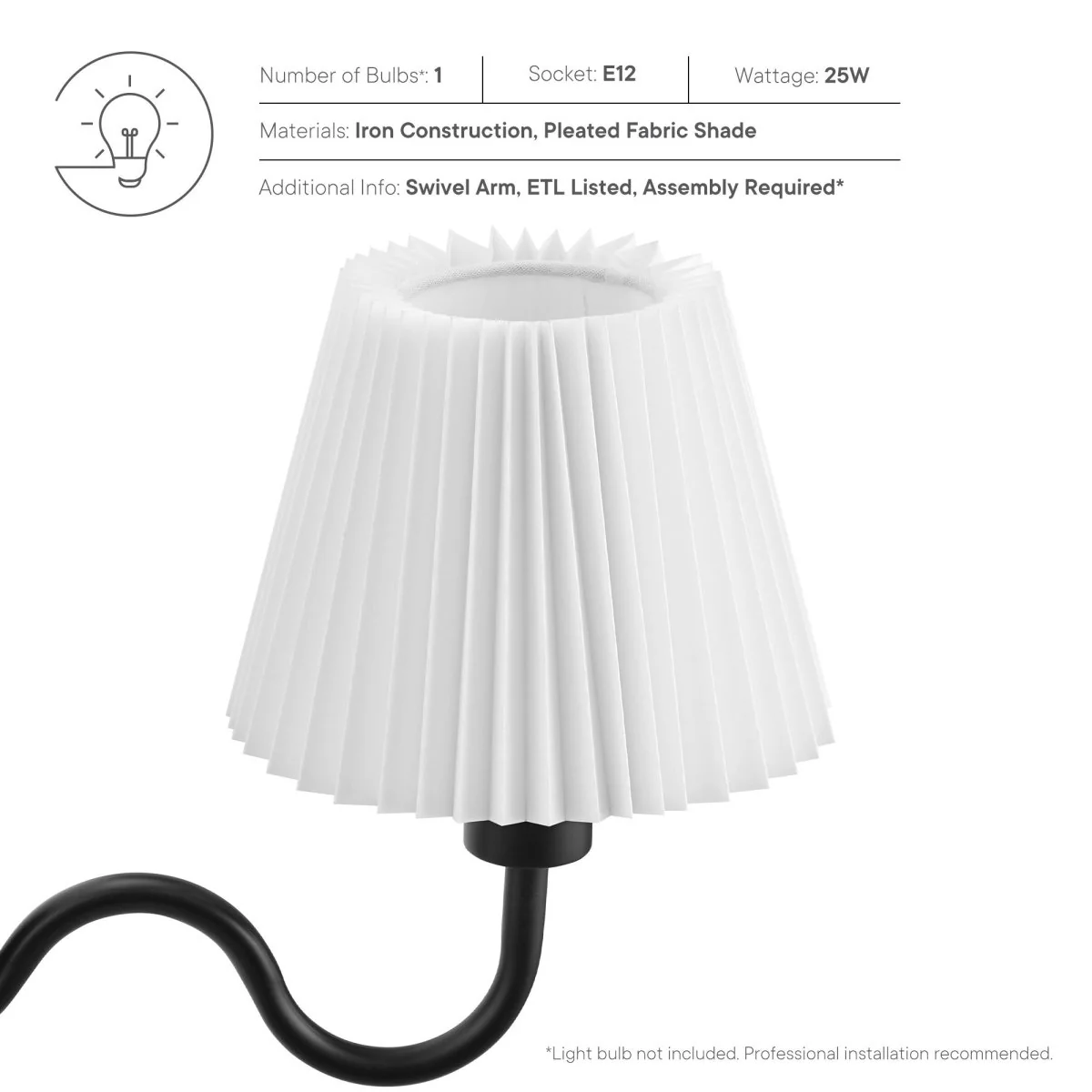 1-Light Squiggle Arm Wall Sconce with Pleated Shade - Modern Decorative Lighting Fixture - Image 16