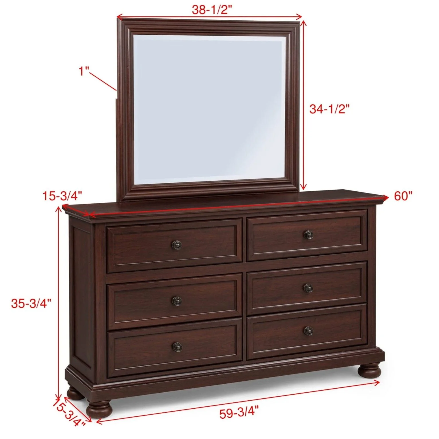 1 Piece Dresser, 6 Drawer Storage, Bedroom Furniture - Brown / Cherry - Image 2
