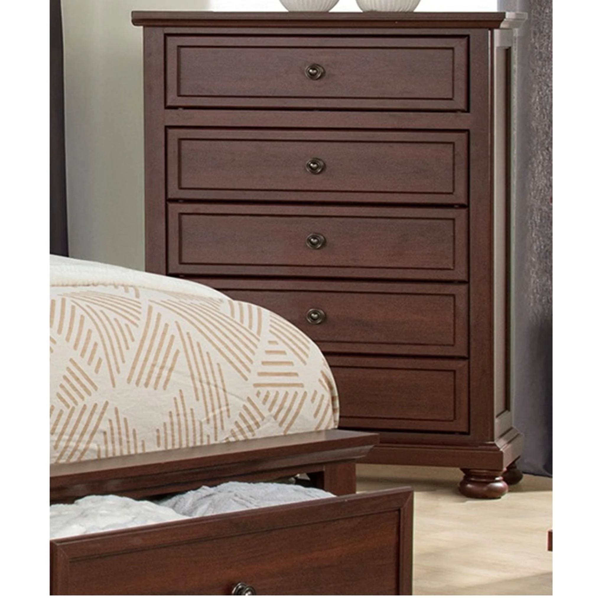 1 Piece Tall Chest, 5 Drawer Storage Bedroom Furniture - Brown / Cherry - Image 2