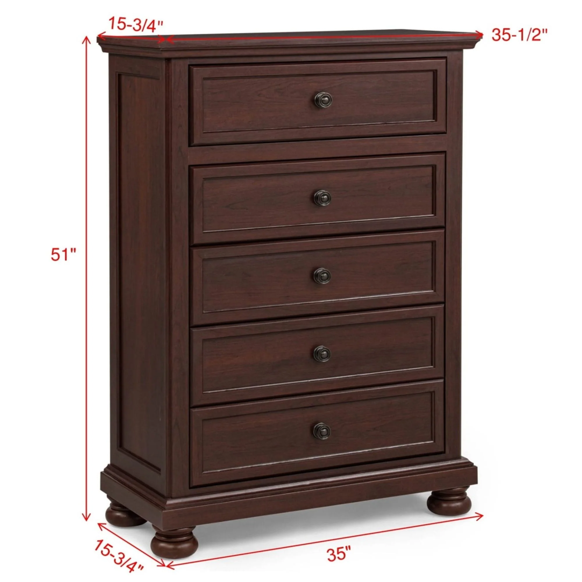 1 Piece Tall Chest, 5 Drawer Storage Bedroom Furniture - Brown / Cherry - Image 4