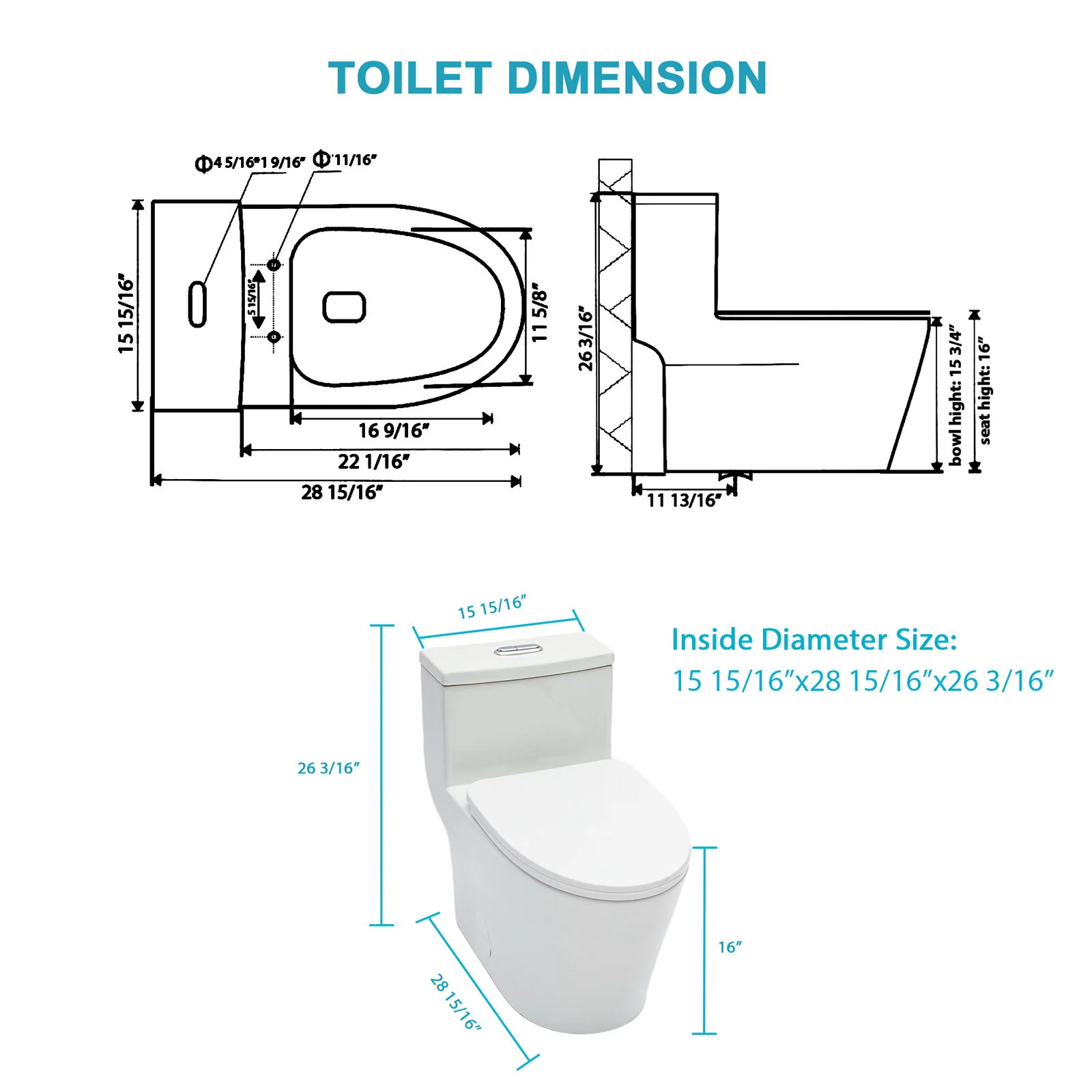 1 Piece Toilet For Bathroom, Dual Flush 1.24 / 1.43 Gpf, Soft Closing Seat - White - Image 8