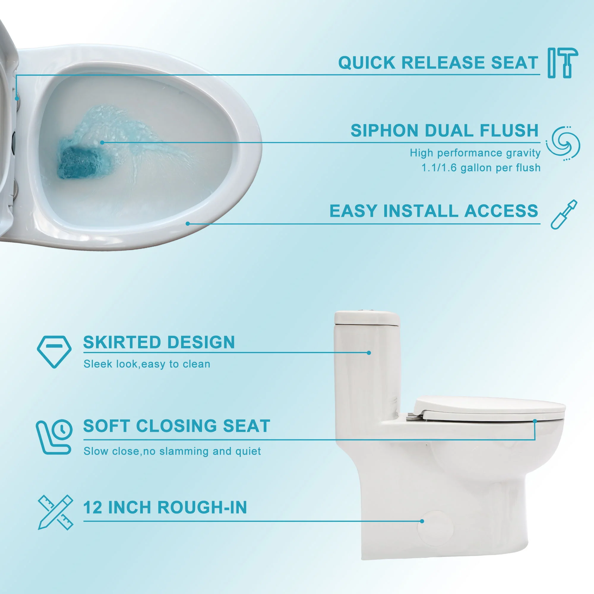 1 Piece Toilet For Bathroom, Dual Flush, Soft Closing Seat - White - Image 2