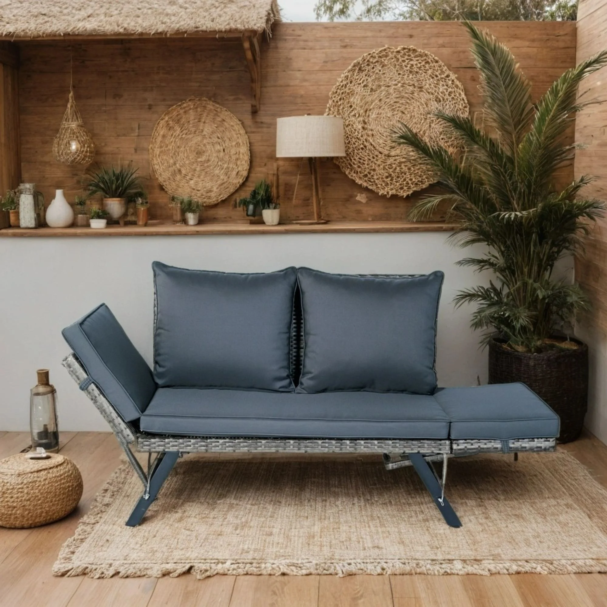 1 Pieces Patio Wicker Side Foldable Bench Patio Backyard Conversation Bench Gray Wicker - Dark Gray - Image 2