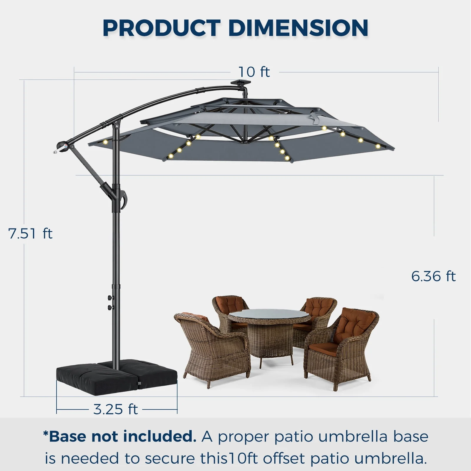 10ft 3-Tier Cantilever Patio Umbrella with Solar Lights Gray - Image 4