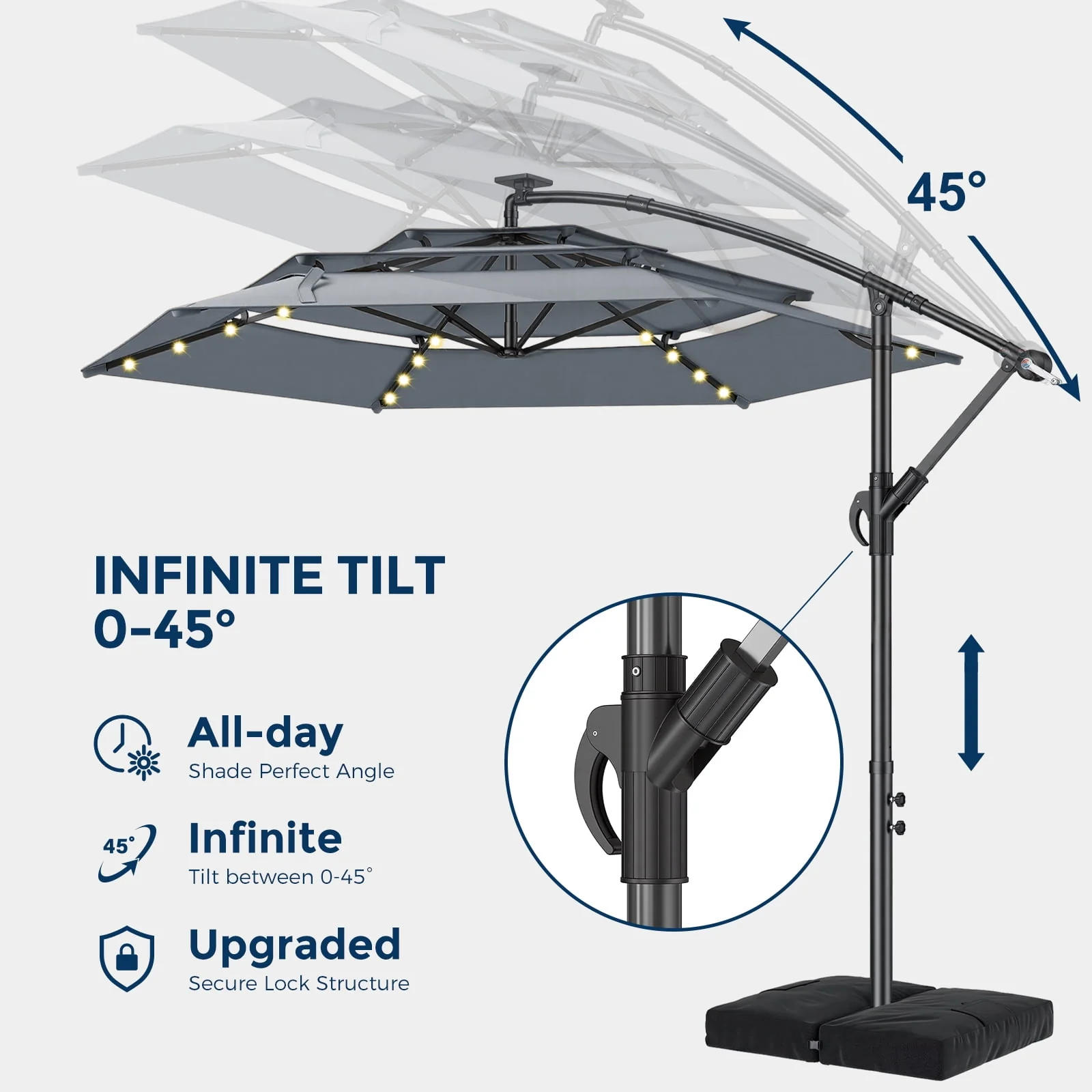 10ft 3-Tier Cantilever Patio Umbrella with Solar Lights Gray - Image 5