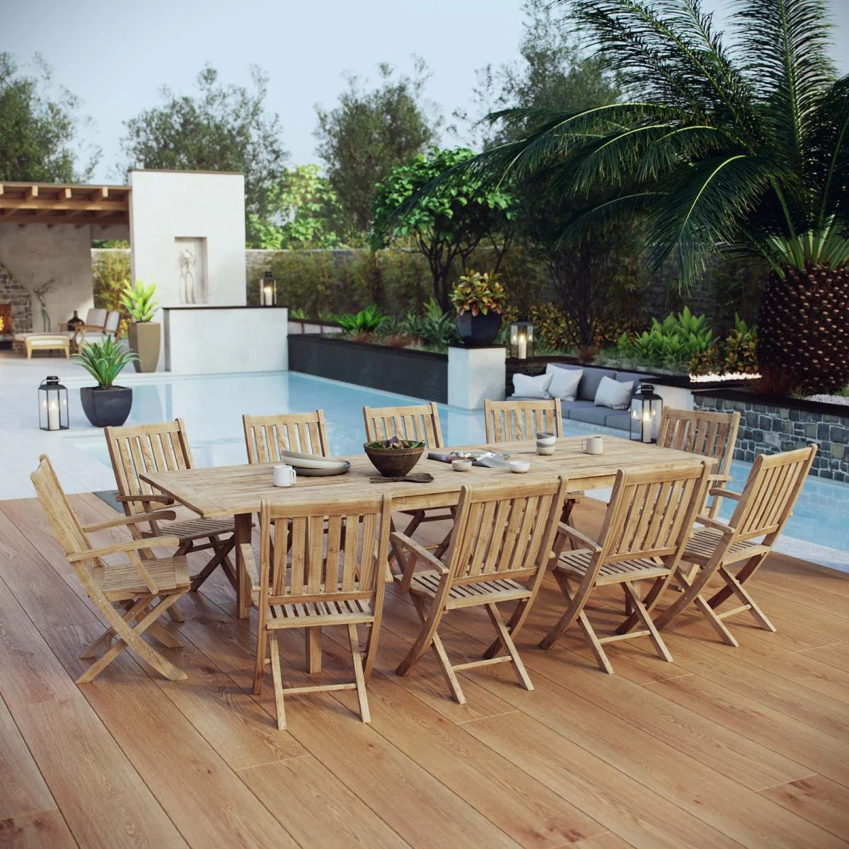 11-Piece Natural Teak Outdoor Dining Set with Extension Table and Folding Armchairs - Image 10