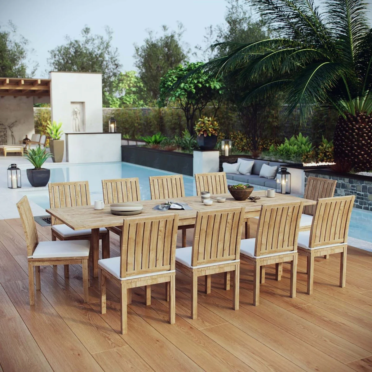 11-Piece Natural Teak Outdoor Dining Set with White Cushions and Extension Table - Image 9