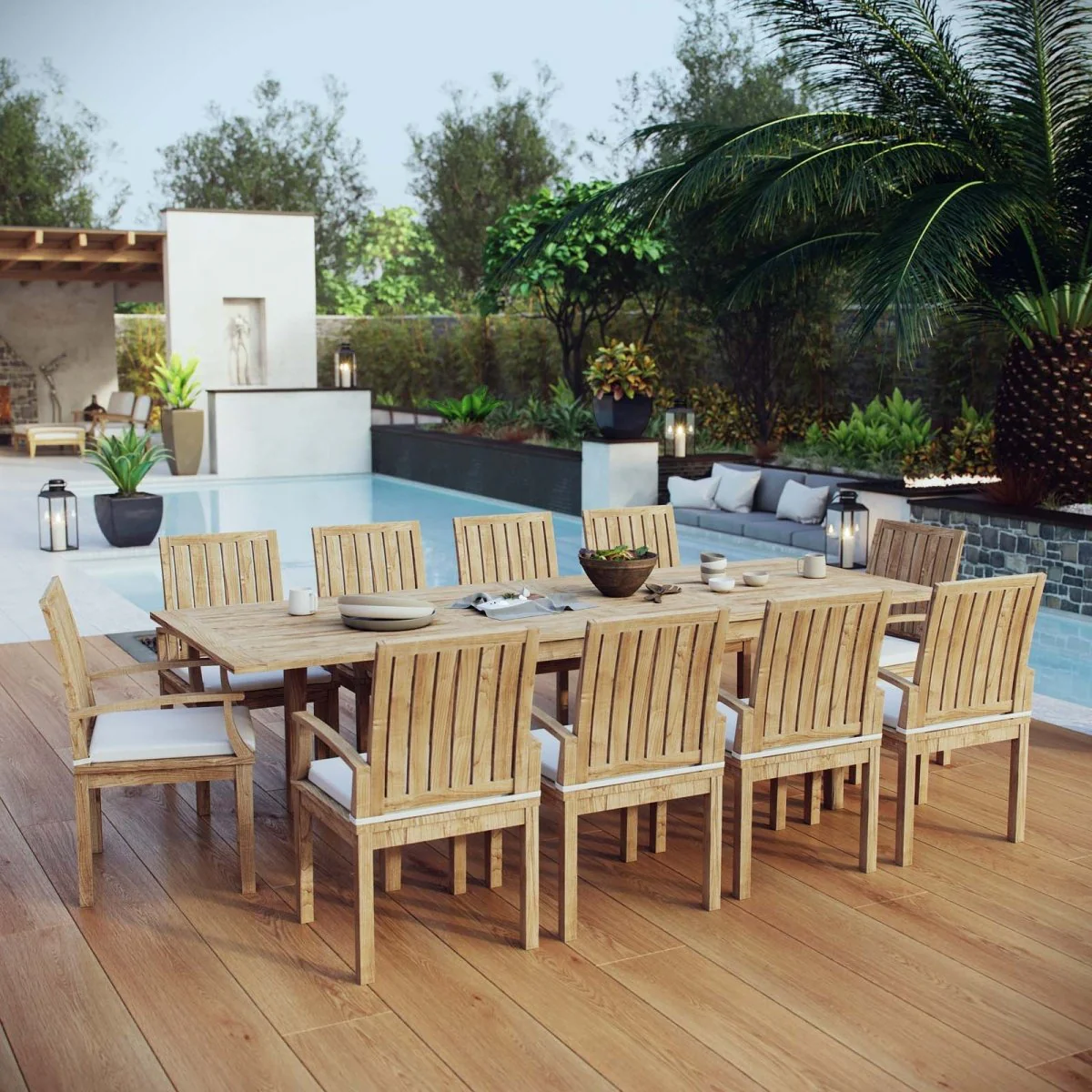 11-Piece Natural Teak Outdoor Dining Set with White Cushions and Extension Table - Image 9