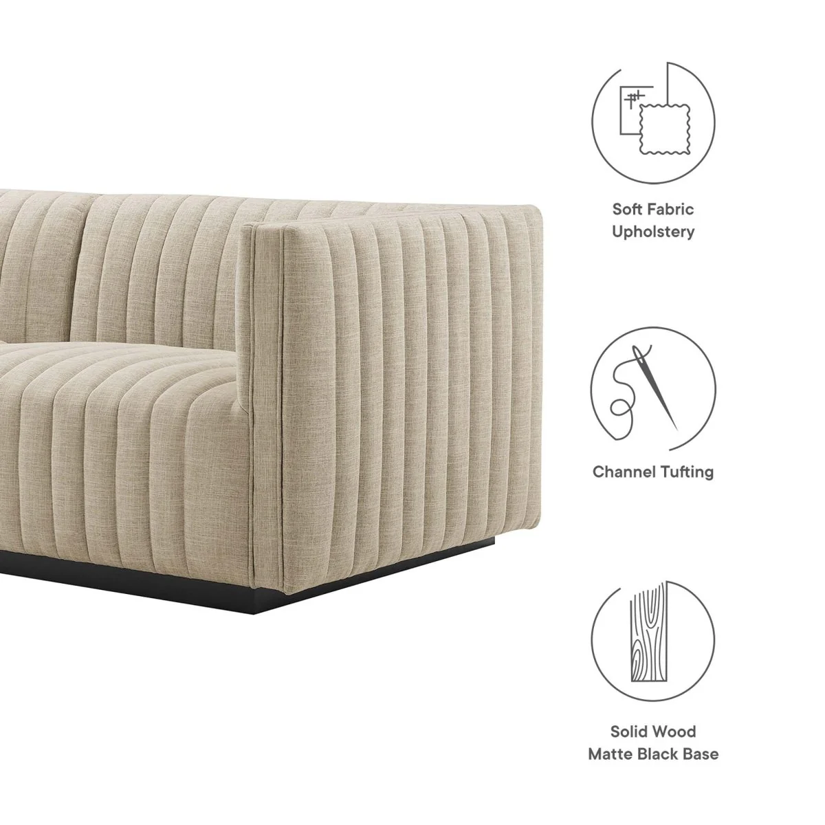 114 Inch Black Beige Channel Tufted Fabric 5-Piece L-Shaped Sectional - Image 2