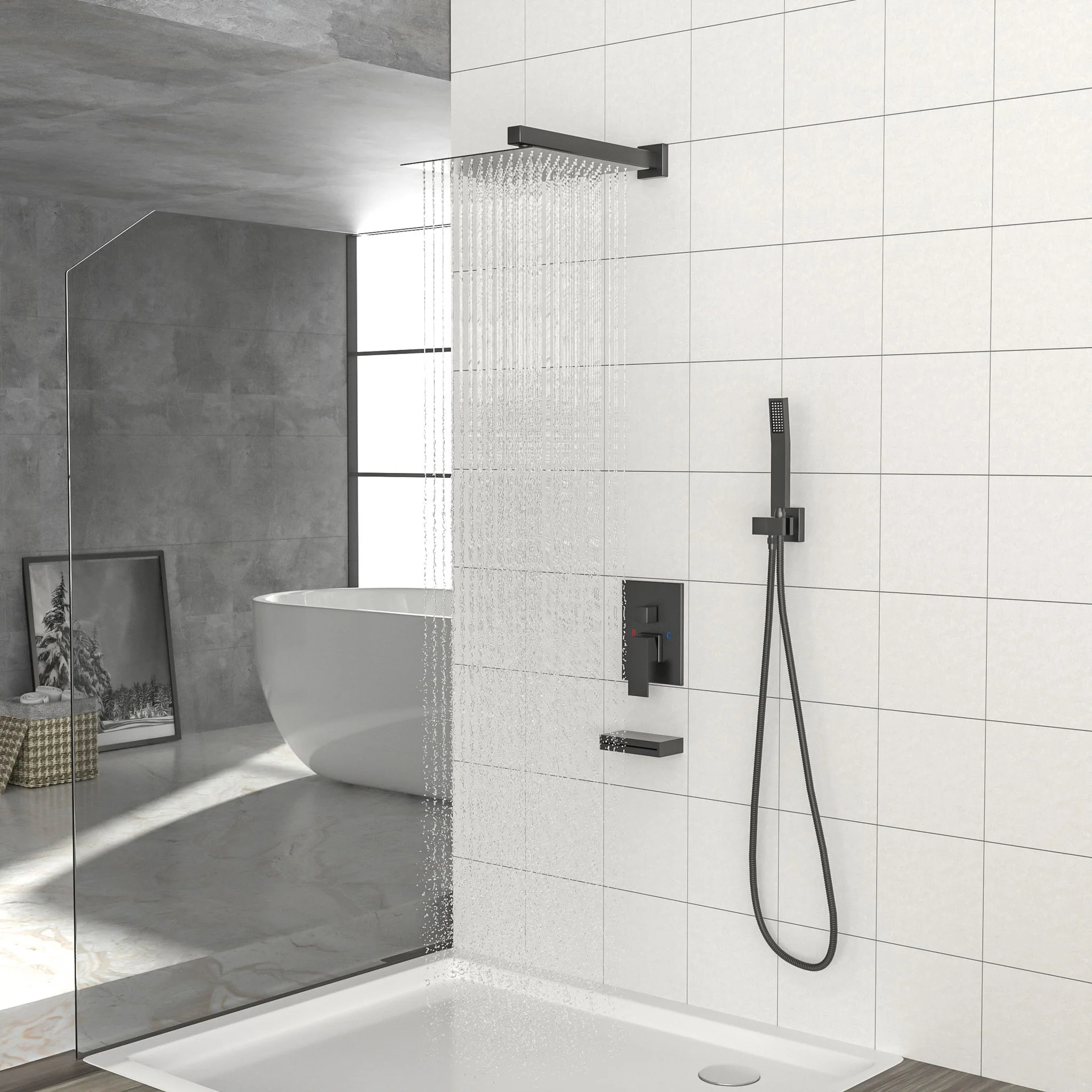 12" Ceiling Mount Square Shower System With Waterfall Tub Spout And Handheld Shower - Image 4