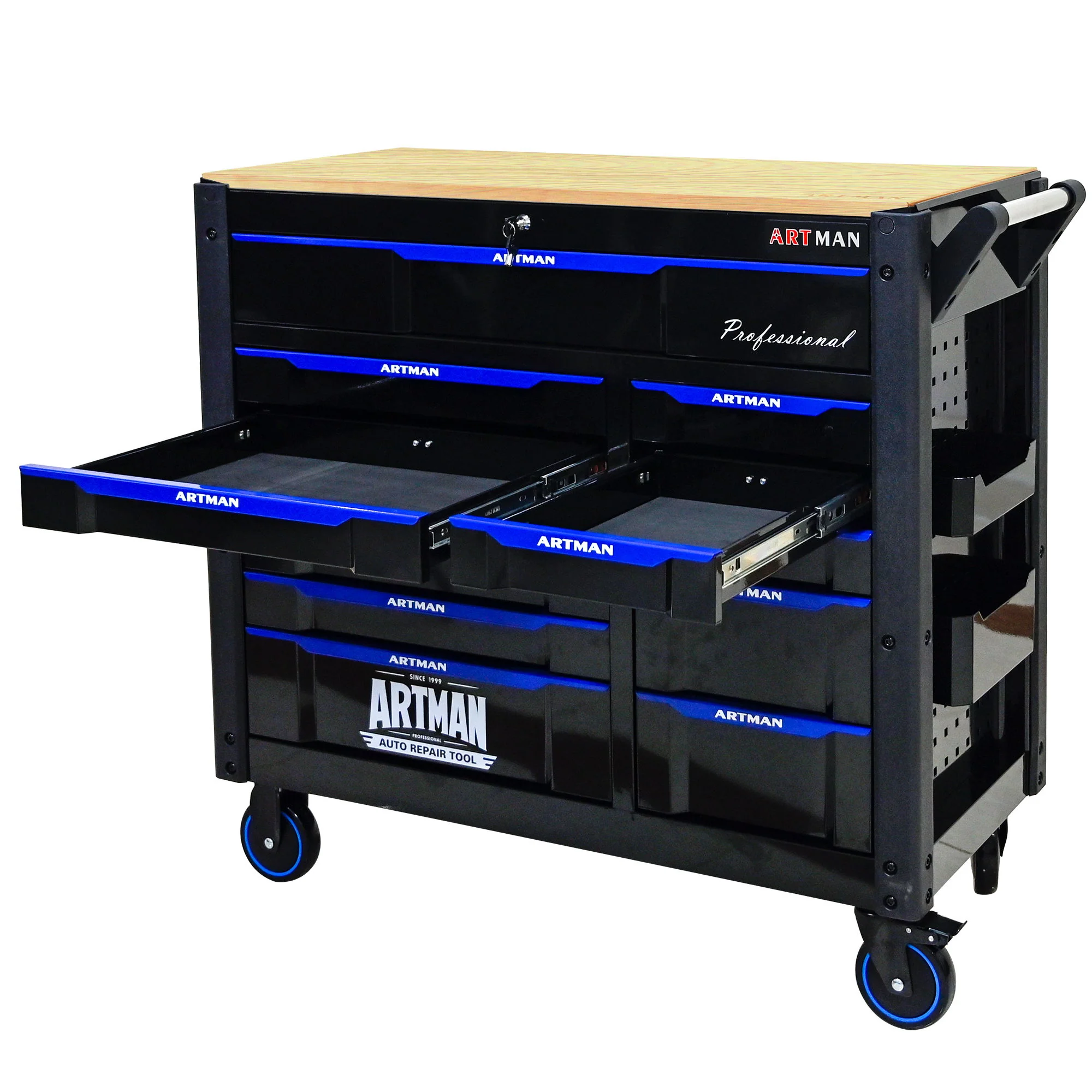 12 Layer Drawer Multi Purpose Tool Cart With Wheels And Wooden Countertops - Black / Blue - Image 2
