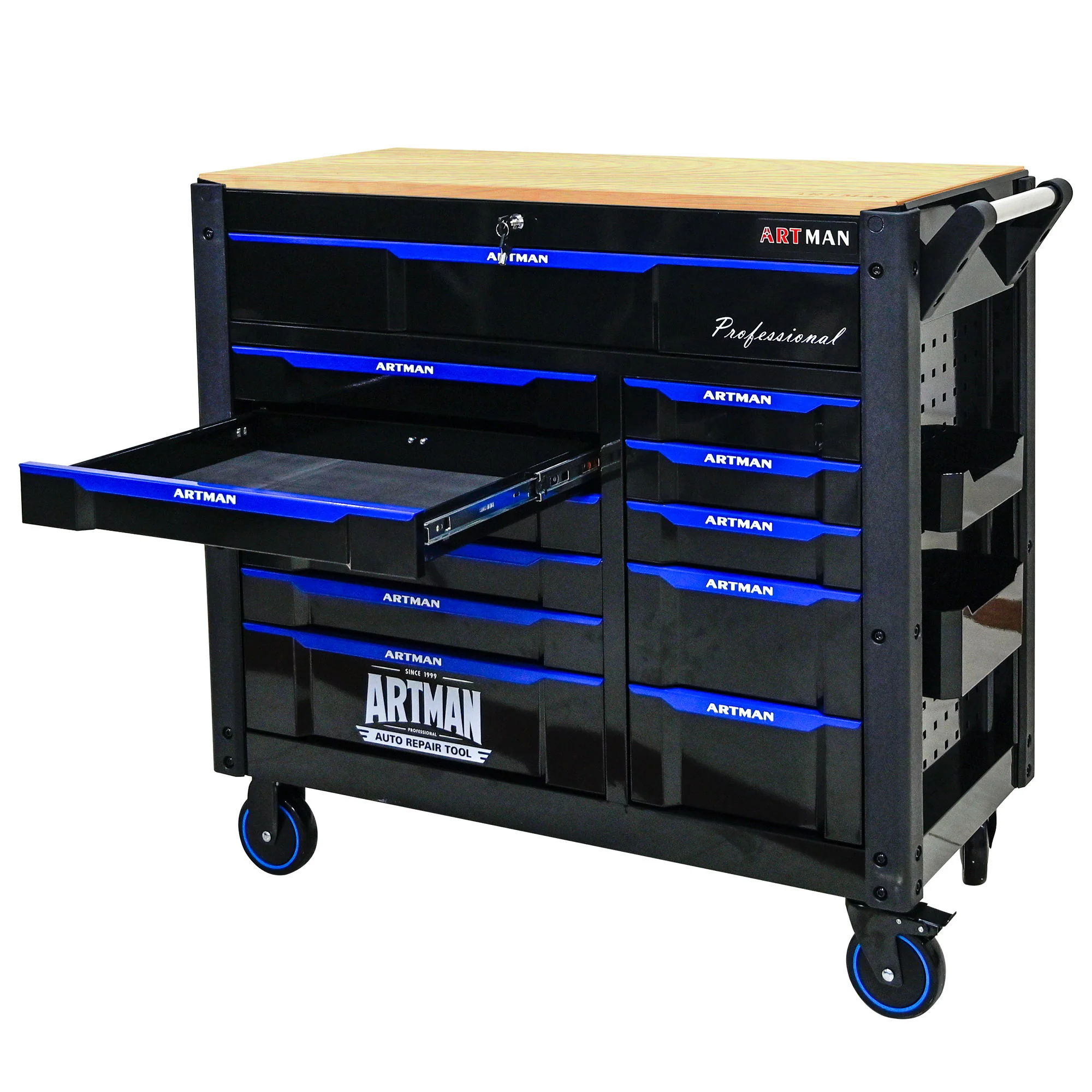 12 Layer Drawer Multi Purpose Tool Cart With Wheels And Wooden Countertops - Black / Blue - Image 6