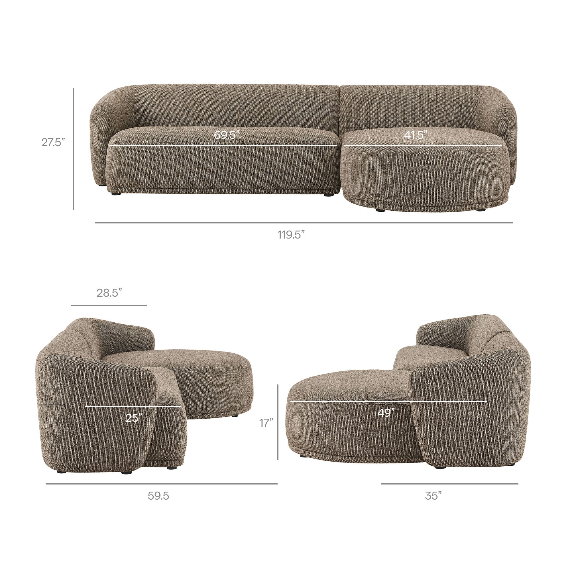 2 Piece 120" Right Facing Boucle Fabric Modular Sofa with Chaise - Image 3