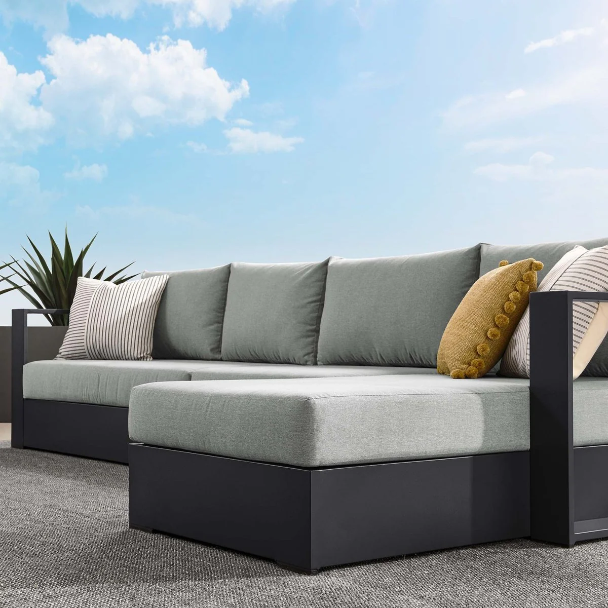 123" 3-Piece Gray Aluminum Outdoor Patio Right-Facing Chaise Sectional with Cushions - Image 14