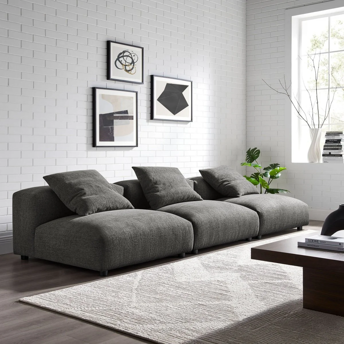 124 Inch 3-Piece Modular Textured Fabric Armless Sofa - Image 6