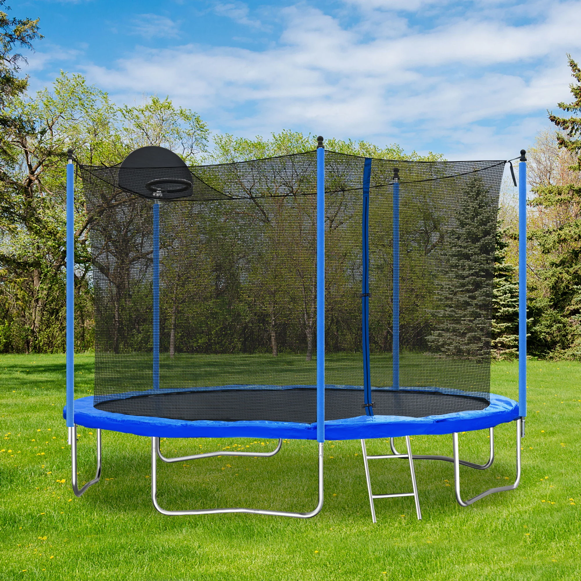 12Ft Trampoline For Adults & Kids With Basketball Hoop, Outdoor Trampolines With Ladder And Safety Enclosure Net For Kids And Adults - Blue - Image 2