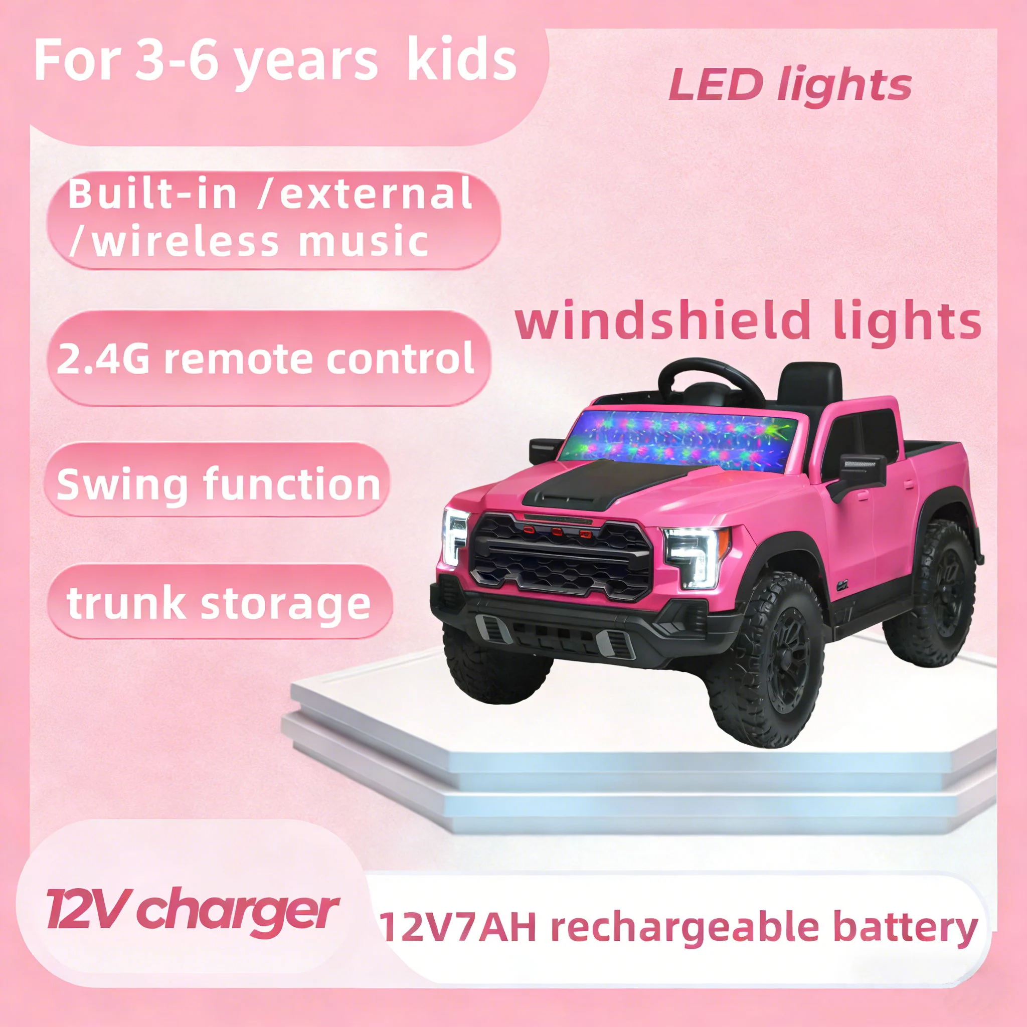 12V Kids Ride On Car With Remote Control, 4 Wheel Shock Absorption, Multifunctional Music Player Perfect Gift For Toddlers - Pink - Image 6