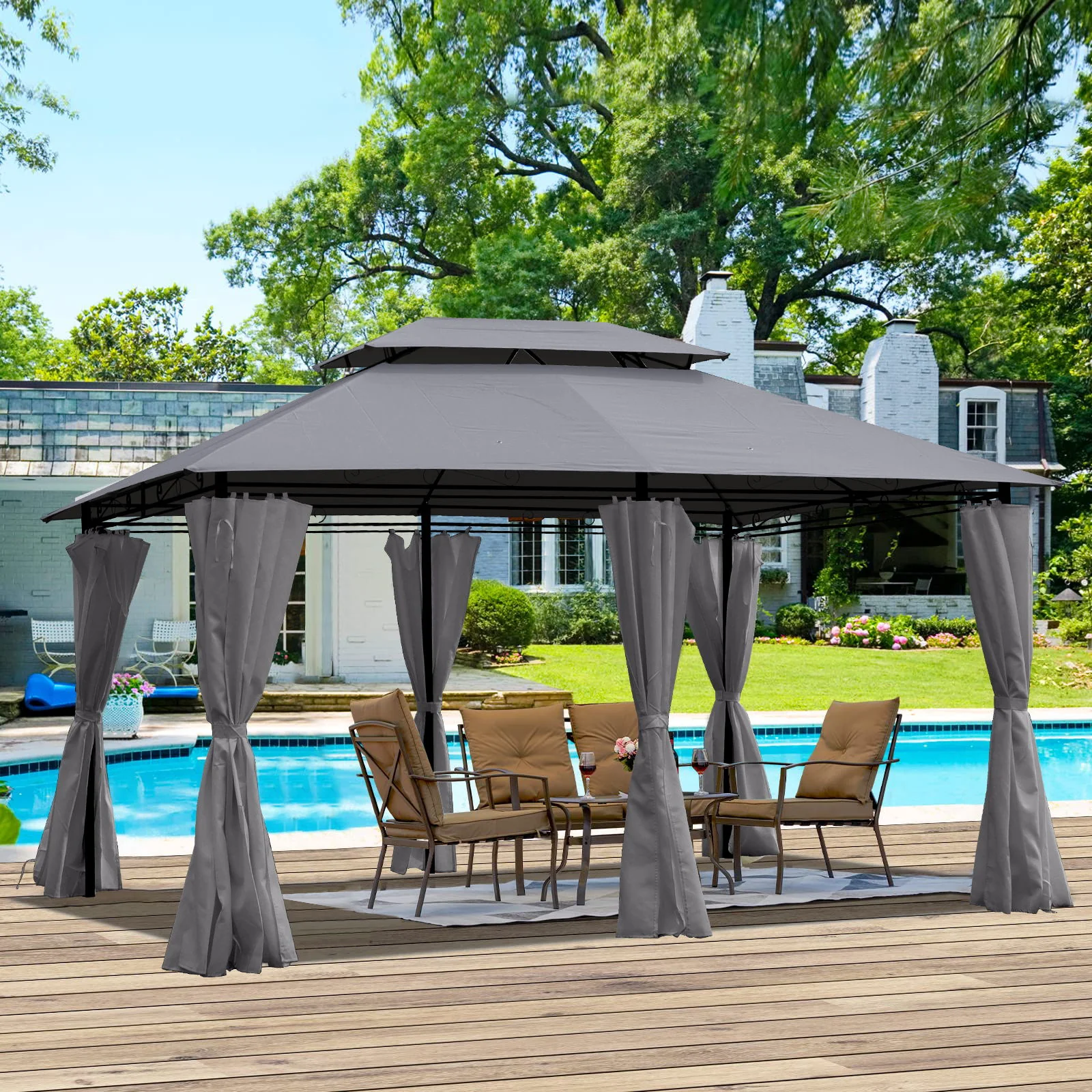 13 0 Ft Outdoor Patio Gazebo Canopy Tent With Ventilated Double Roof And Side Wall (Detachable Curtain Included On All Sides) Suitable For Lawn Garden Backyard And Deck - Gray - Image 7