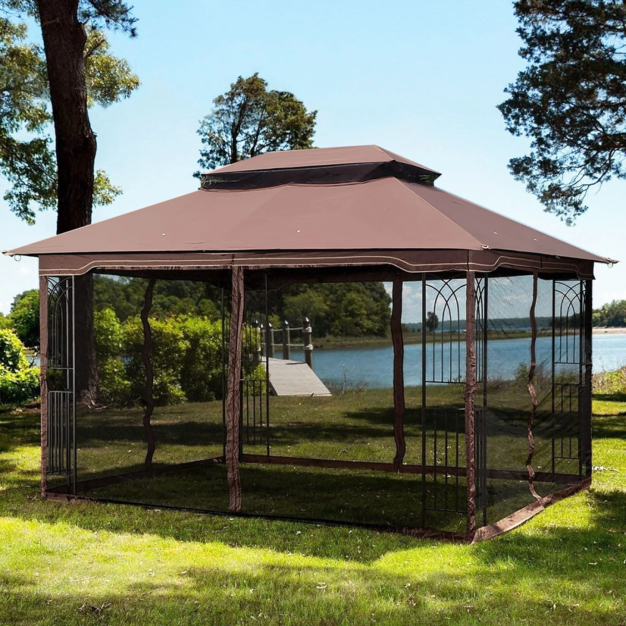 13 0 Outdoor Patio Gazebo Canopy Tent With Ventilated Double Roof And Mosquito Net (Detachable Mesh Screen On All Sides) Suitable For Lawn Garden Backyard And Deck Top - Brown - Image 7