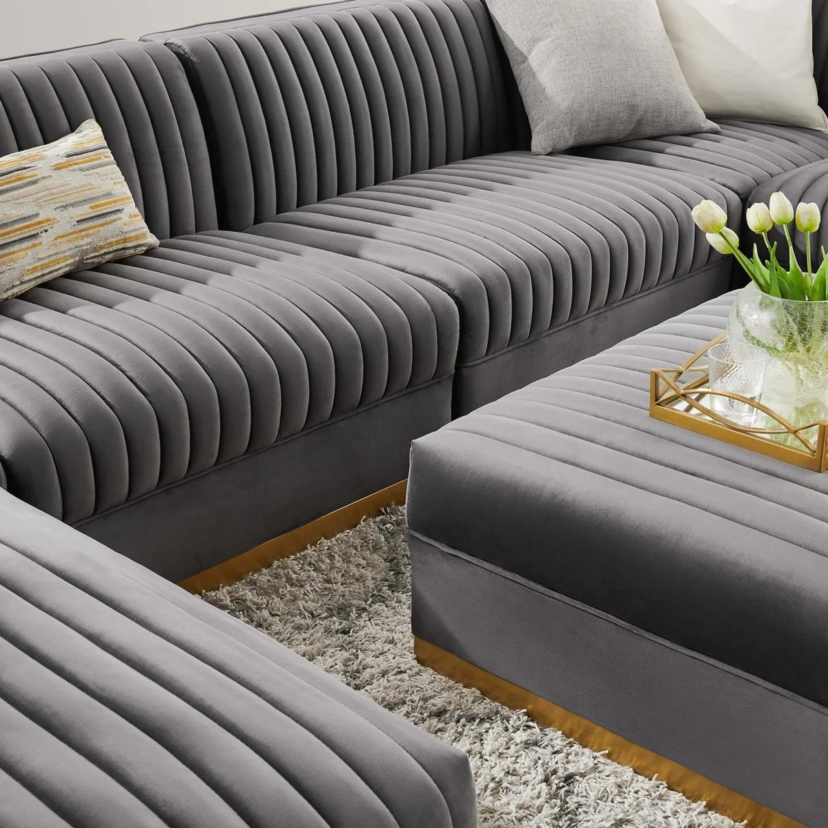 149 Inch Sanguine Channel Tufted Performance Velvet 7-Piece Right-Facing Sectional - Image 3