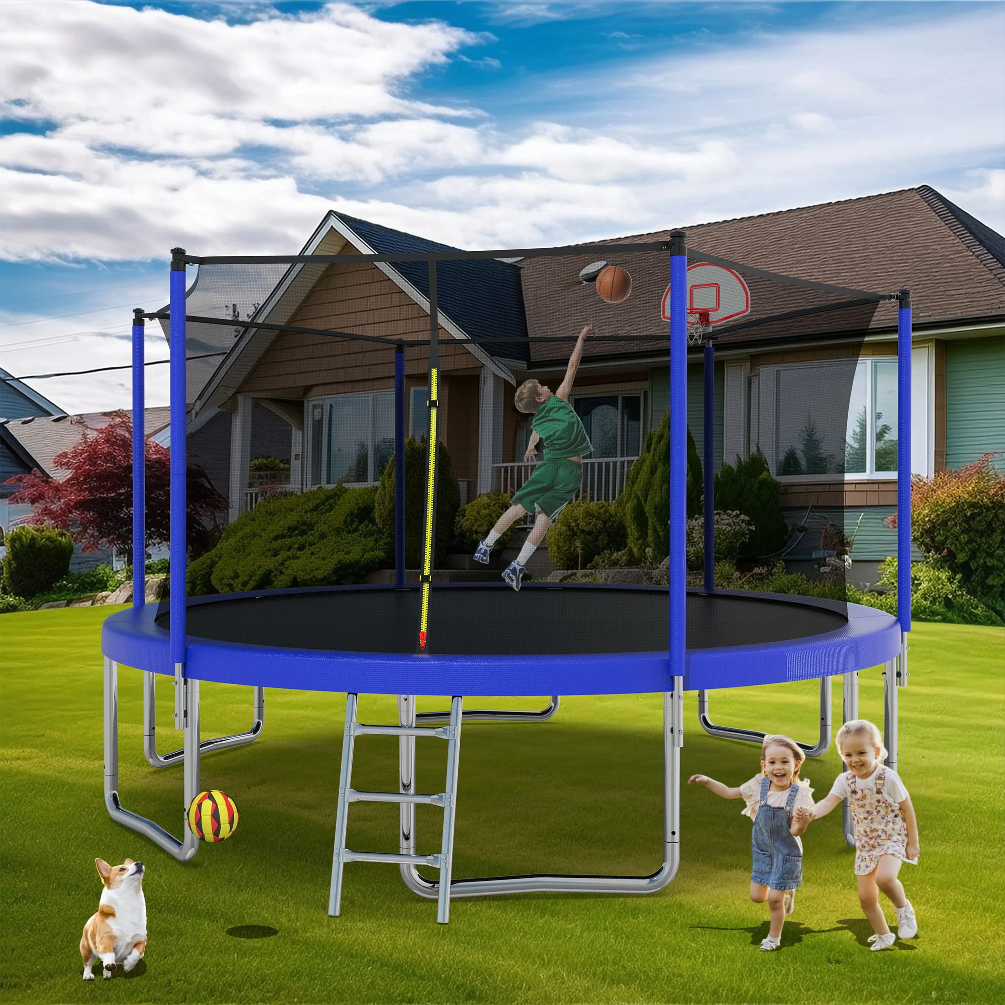 14Ft For Kids Children With Safety Enclosure Net Outdoor Backyards Large Recreational Trampoline - Blue - Image 2