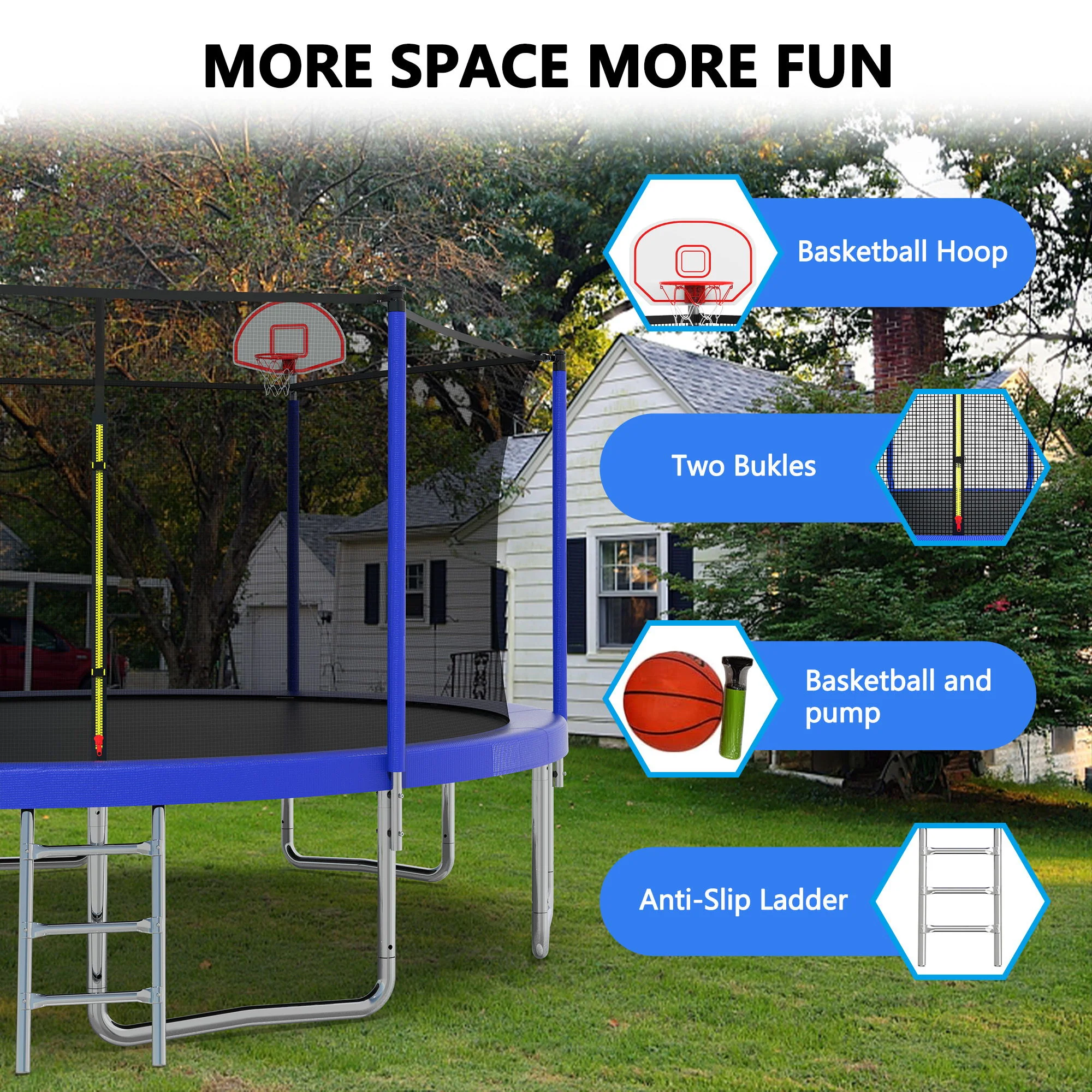 14Ft For Kids Children With Safety Enclosure Net Outdoor Backyards Large Recreational Trampoline - Blue - Image 3