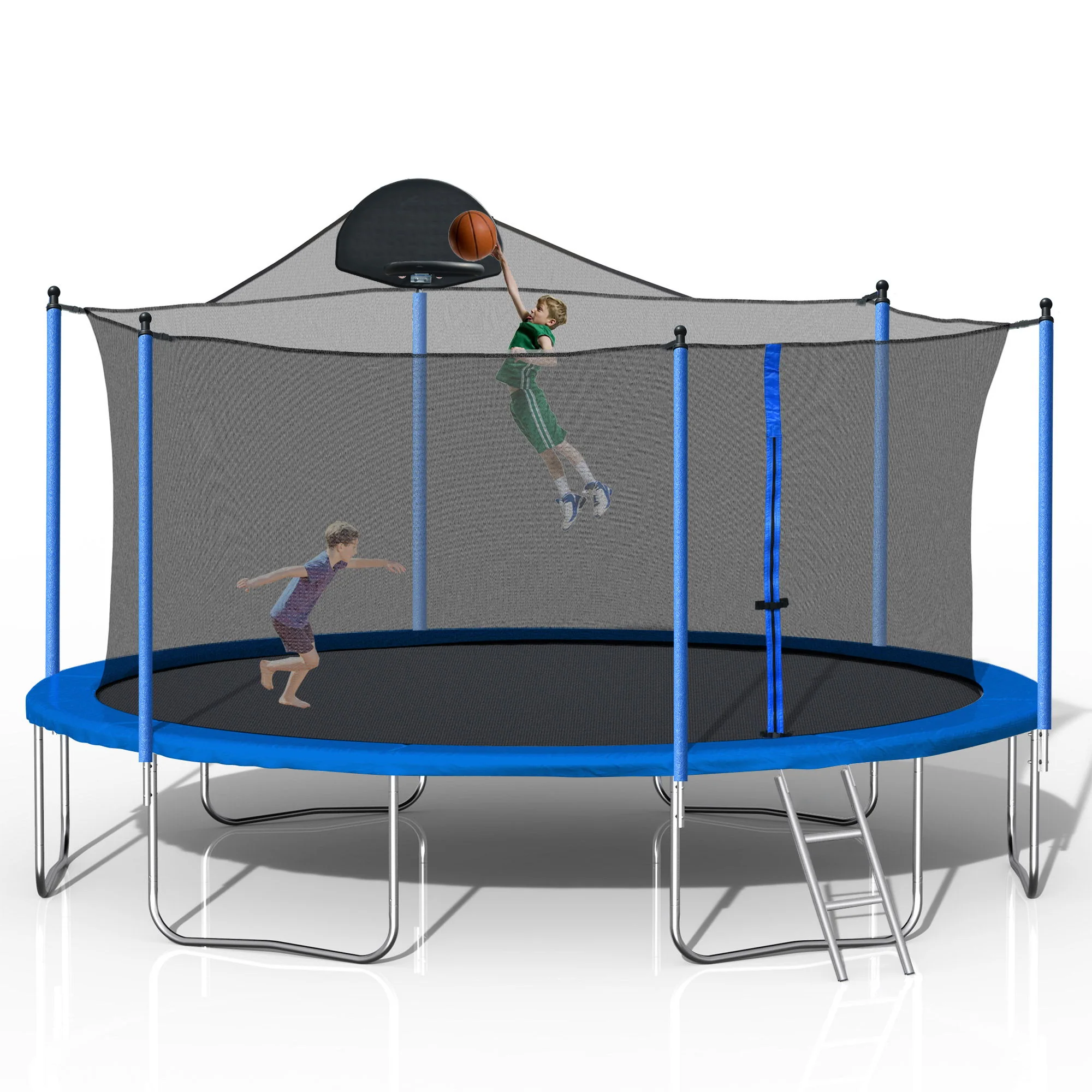 14Ft Trampoline For Adults & Kids With Basketball Hoop, Outdoor Trampolines With Ladder And Safety Enclosure Net For Kids And Adults, Double-Side Color Cover - Blue - Image 6