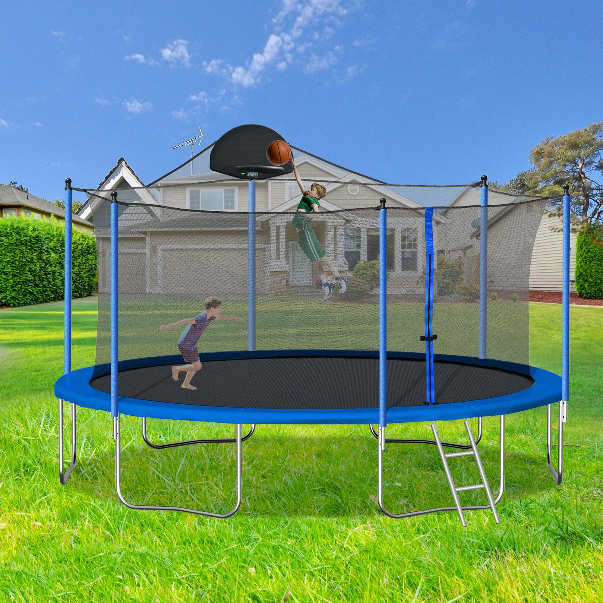 14Ft Trampoline For Adults & Kids With Basketball Hoop, Outdoor Trampolines With Ladder And Safety Enclosure Net For Kids And Adults, Double-Side Color Cover - Blue - Image 9