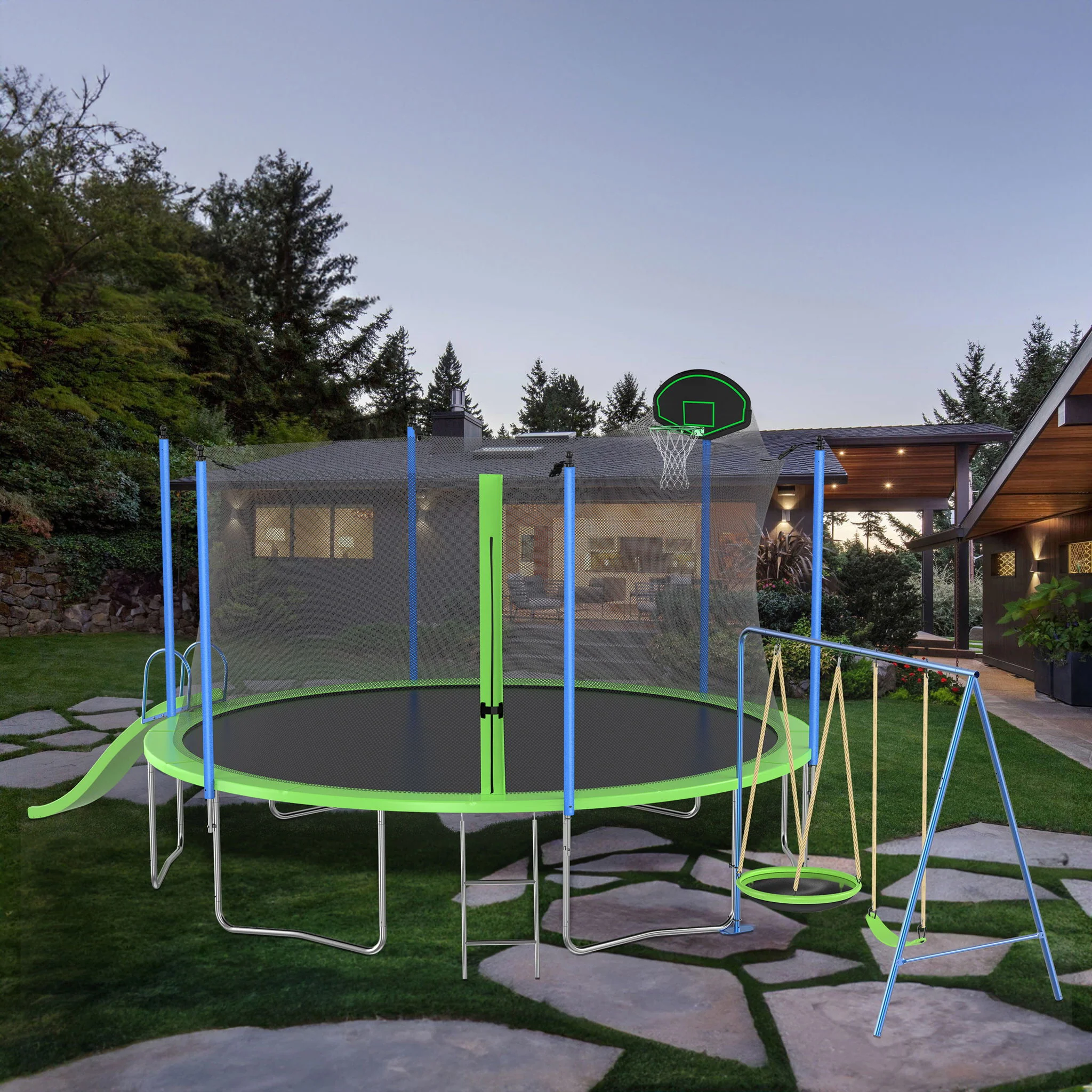 14Ft Trampoline With Slide And Swings, Astm Approved Large Recreational Trampoline With Basketball Hoop And Ladder, Outdoor Backyard Trampoline With Net, Capacity For Kids And Adults - Green / Blue - Image 3