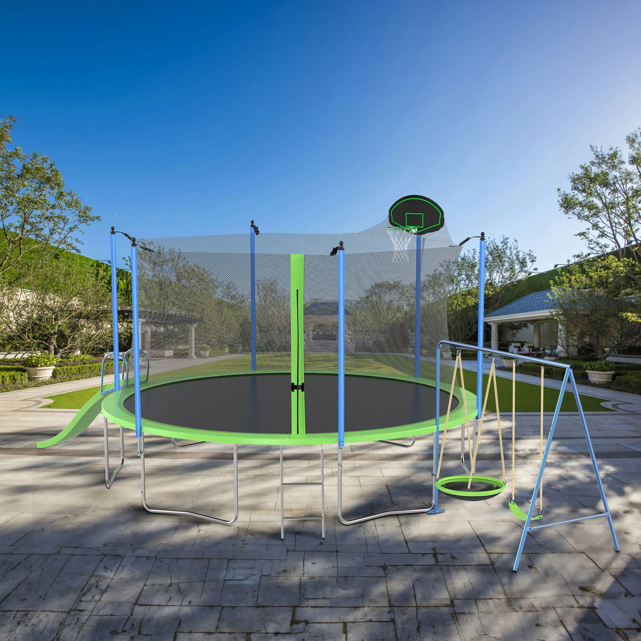 14Ft Trampoline With Slide And Swings, Astm Approved Large Recreational Trampoline With Basketball Hoop And Ladder, Outdoor Backyard Trampoline With Net, Capacity For Kids And Adults - Green / Blue - Image 4