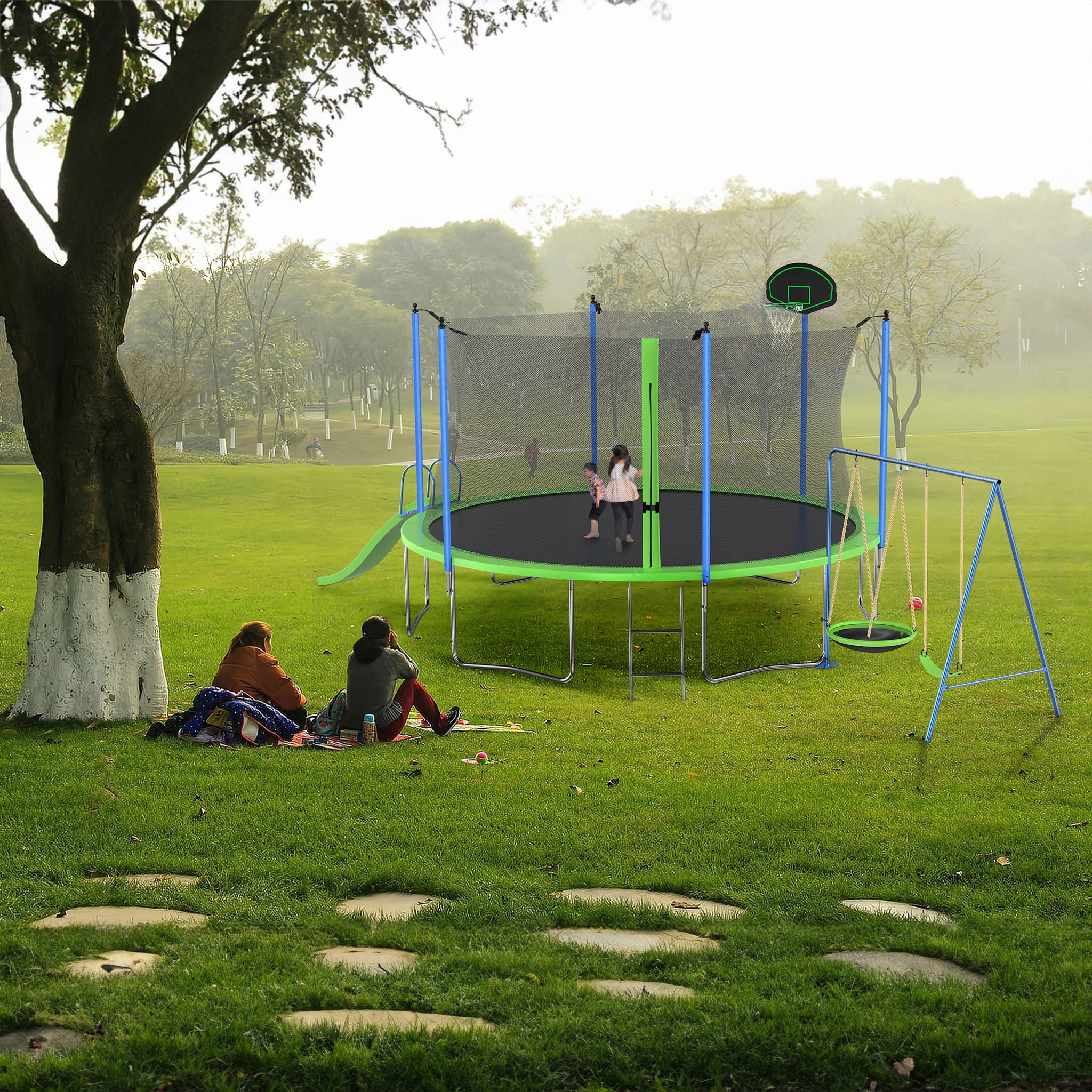 14Ft Trampoline With Slide And Swings, Astm Approved Large Recreational Trampoline With Basketball Hoop And Ladder, Outdoor Backyard Trampoline With Net, Capacity For Kids And Adults - Green / Blue - Image 8