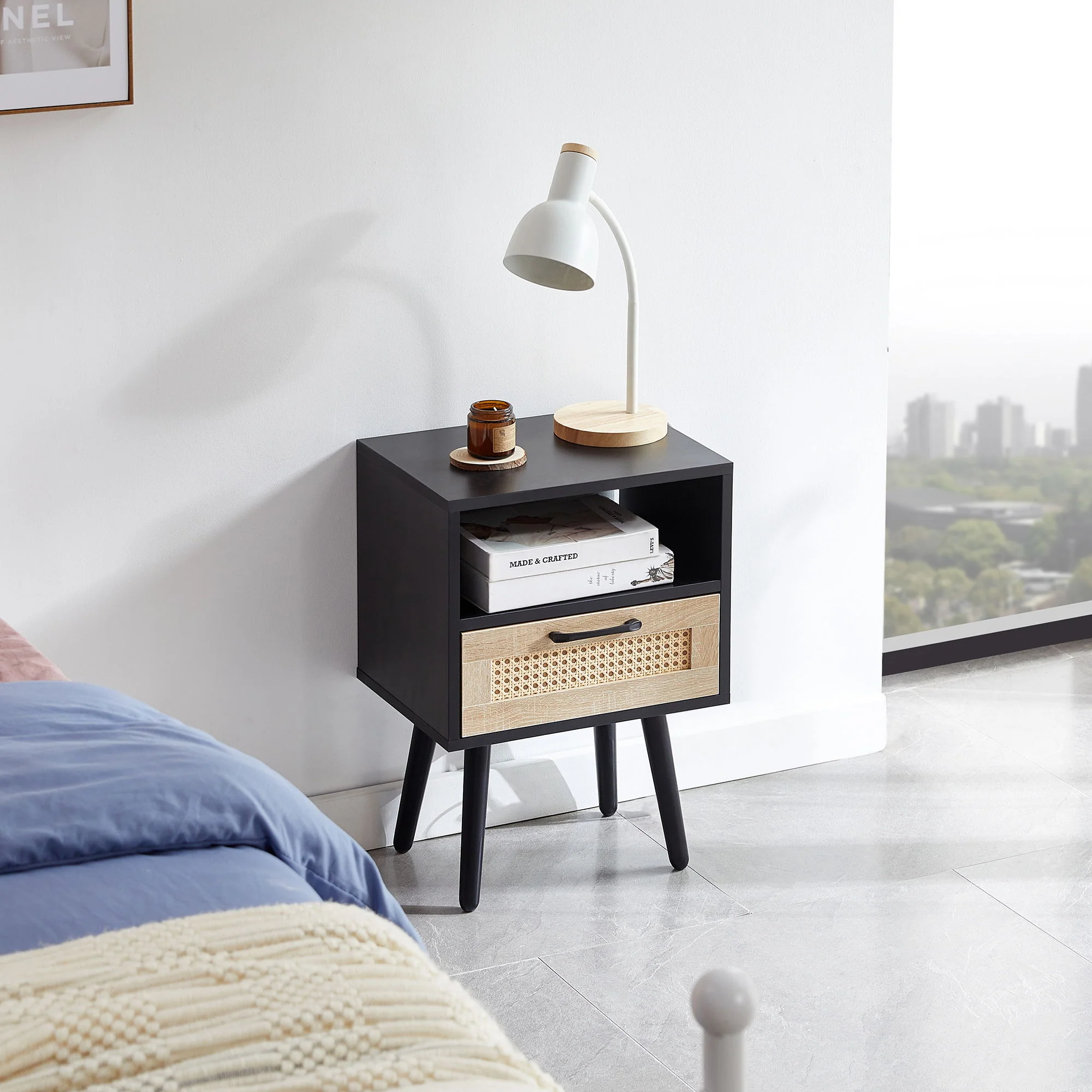 15.75" Rattan End Table With Drawer And Solid Wood Legs, Modern Nightstand, Side Table For Living Room, Bedroom - Image 11