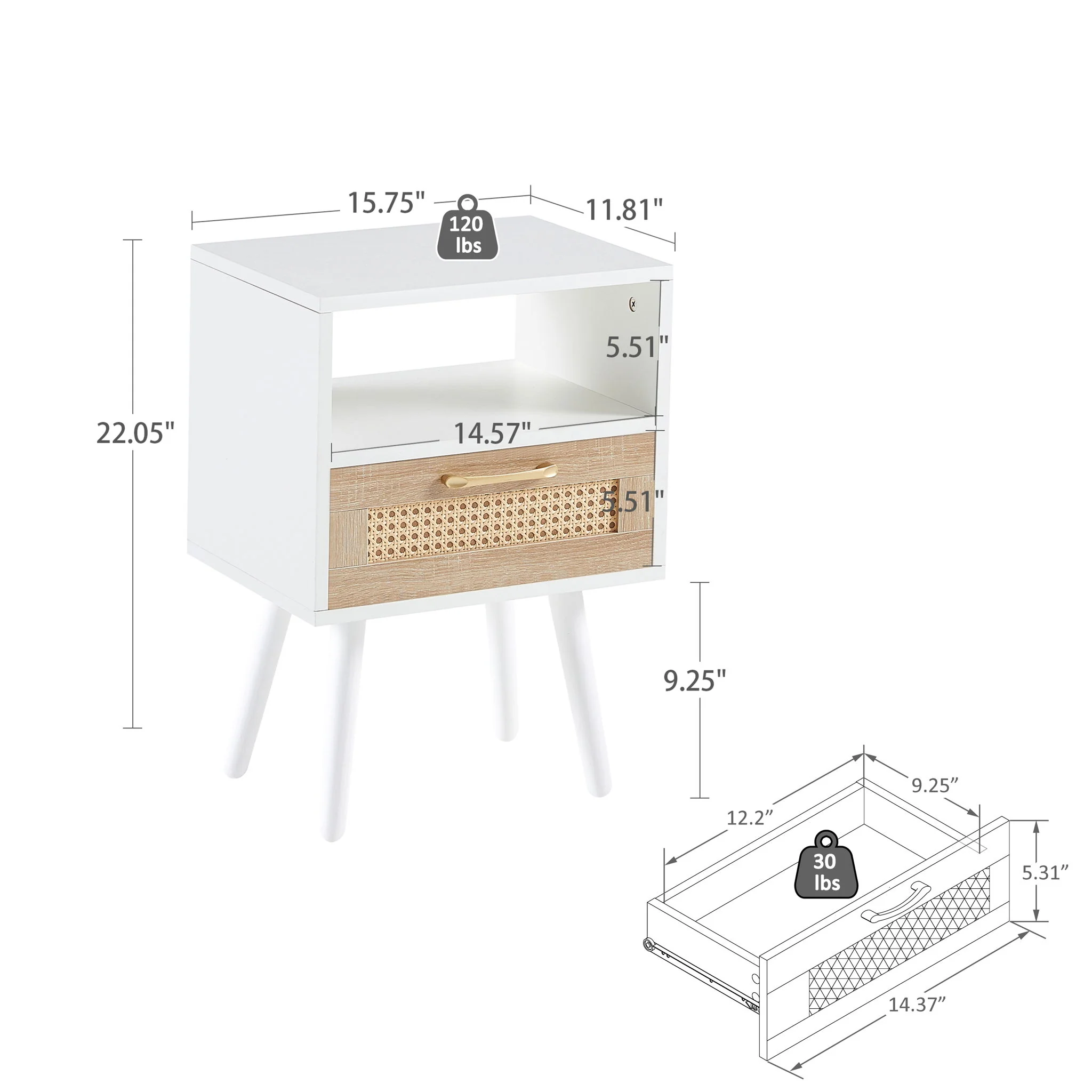 15.75" Rattan End Table With Drawer And Solid Wood Legs, Modern Nightstand, Side Table For Living Room, Bedroom - Image 7