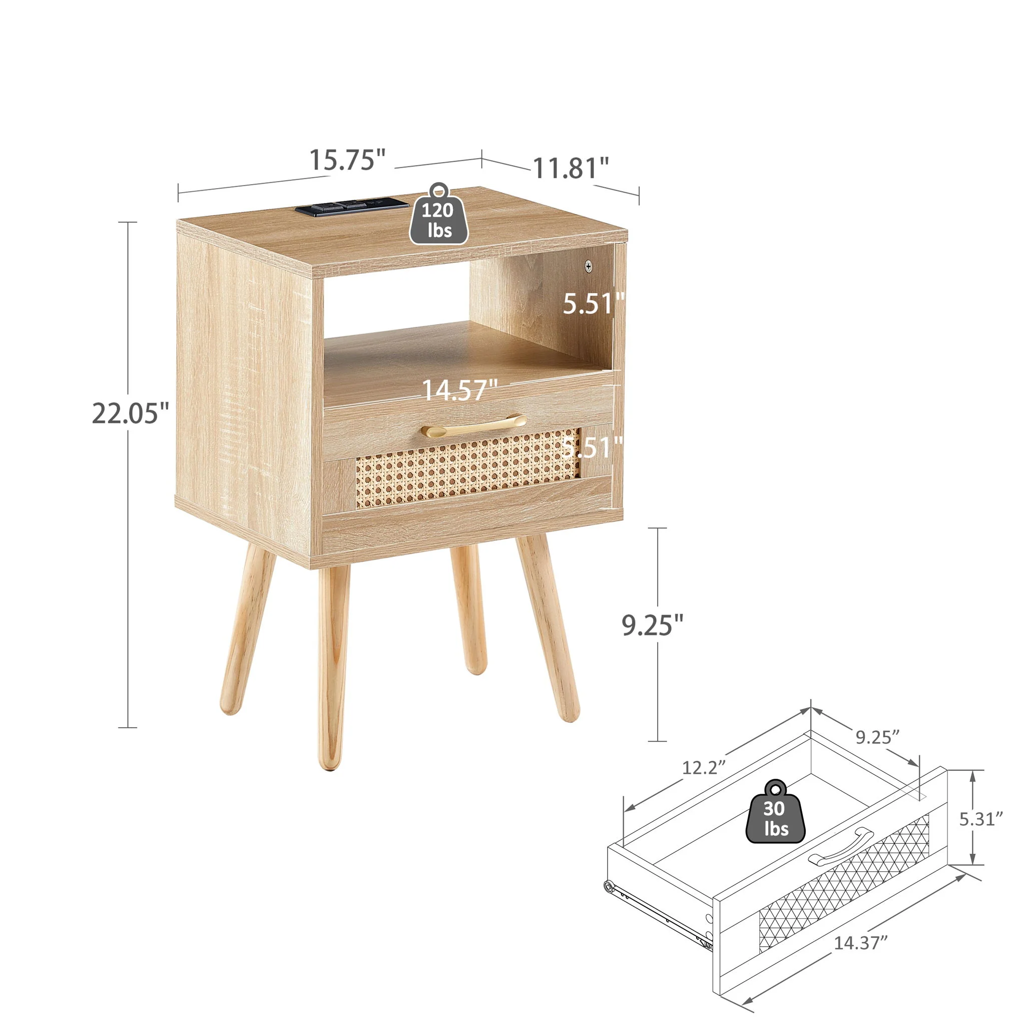 15.75" Rattan End Table With Power Outlet & USB Ports, Modern Nightstand With Drawer And Solid Wood Legs, Side Table For Living Room, Bedroom - Image 12
