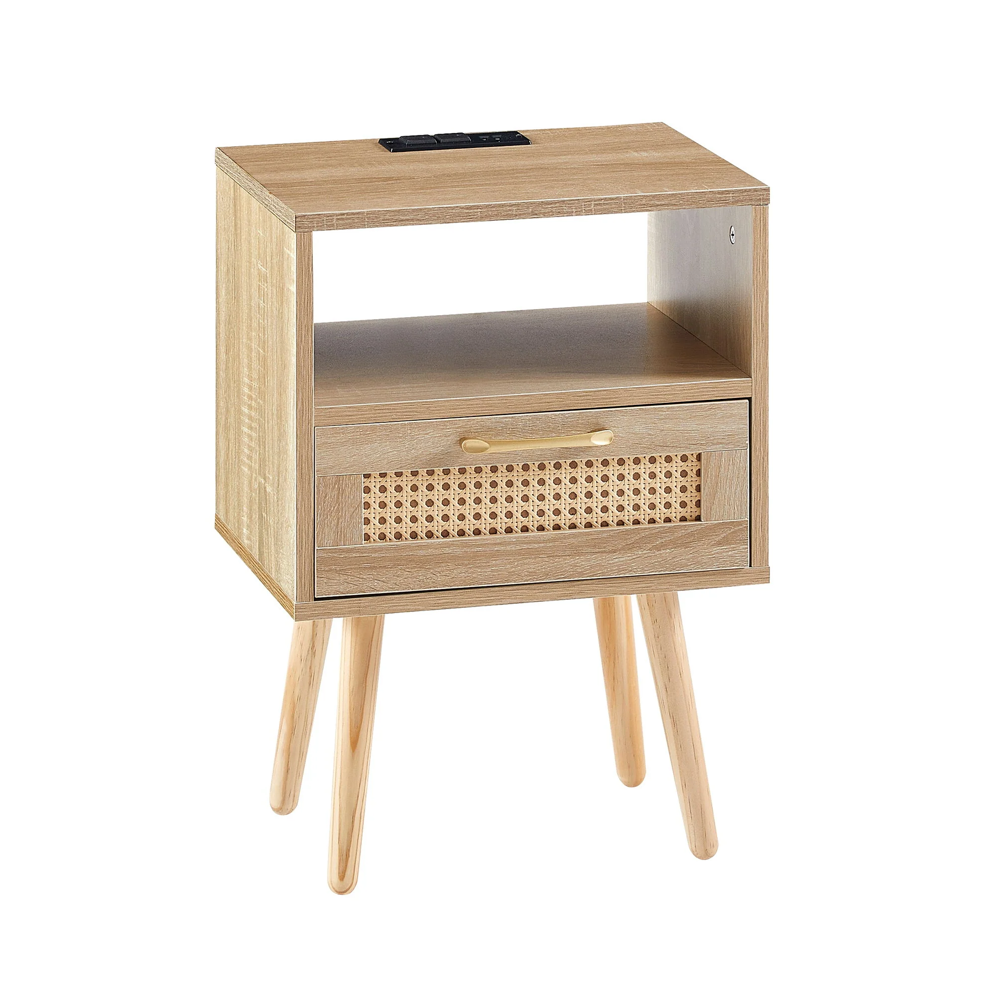 15.75" Rattan End Table With Power Outlet & USB Ports, Modern Nightstand With Drawer And Solid Wood Legs, Side Table For Living Room, Bedroom - Image 2