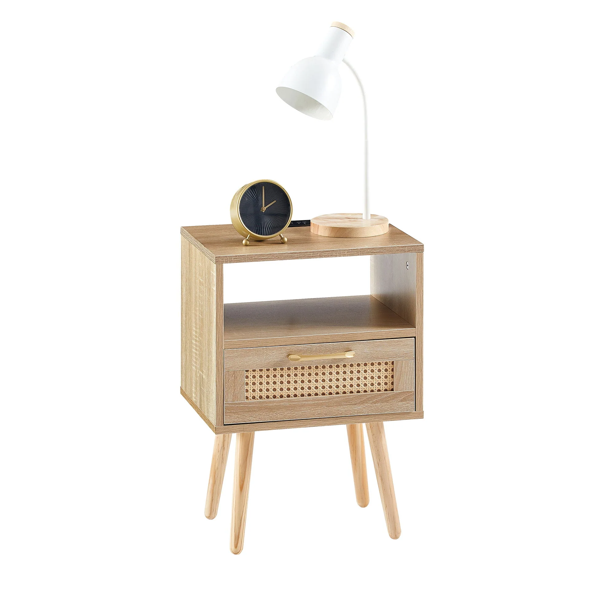 15.75" Rattan End Table With Power Outlet & USB Ports, Modern Nightstand With Drawer And Solid Wood Legs, Side Table For Living Room, Bedroom - Image 9