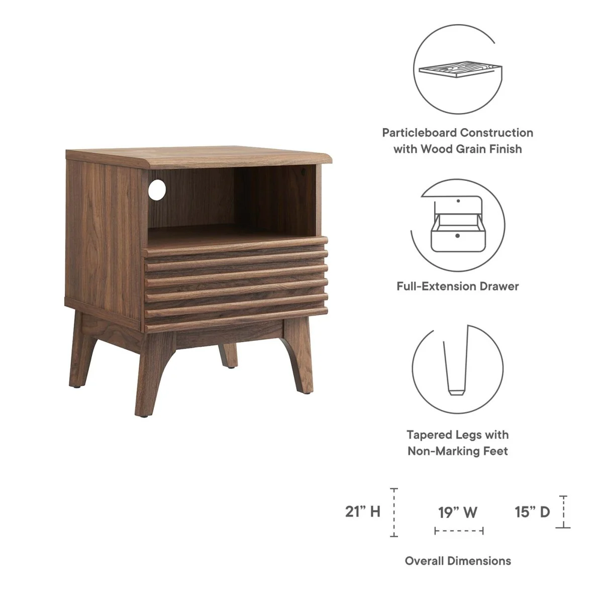 15" Mid Century Wood Nightstand with Drawer - Image 16