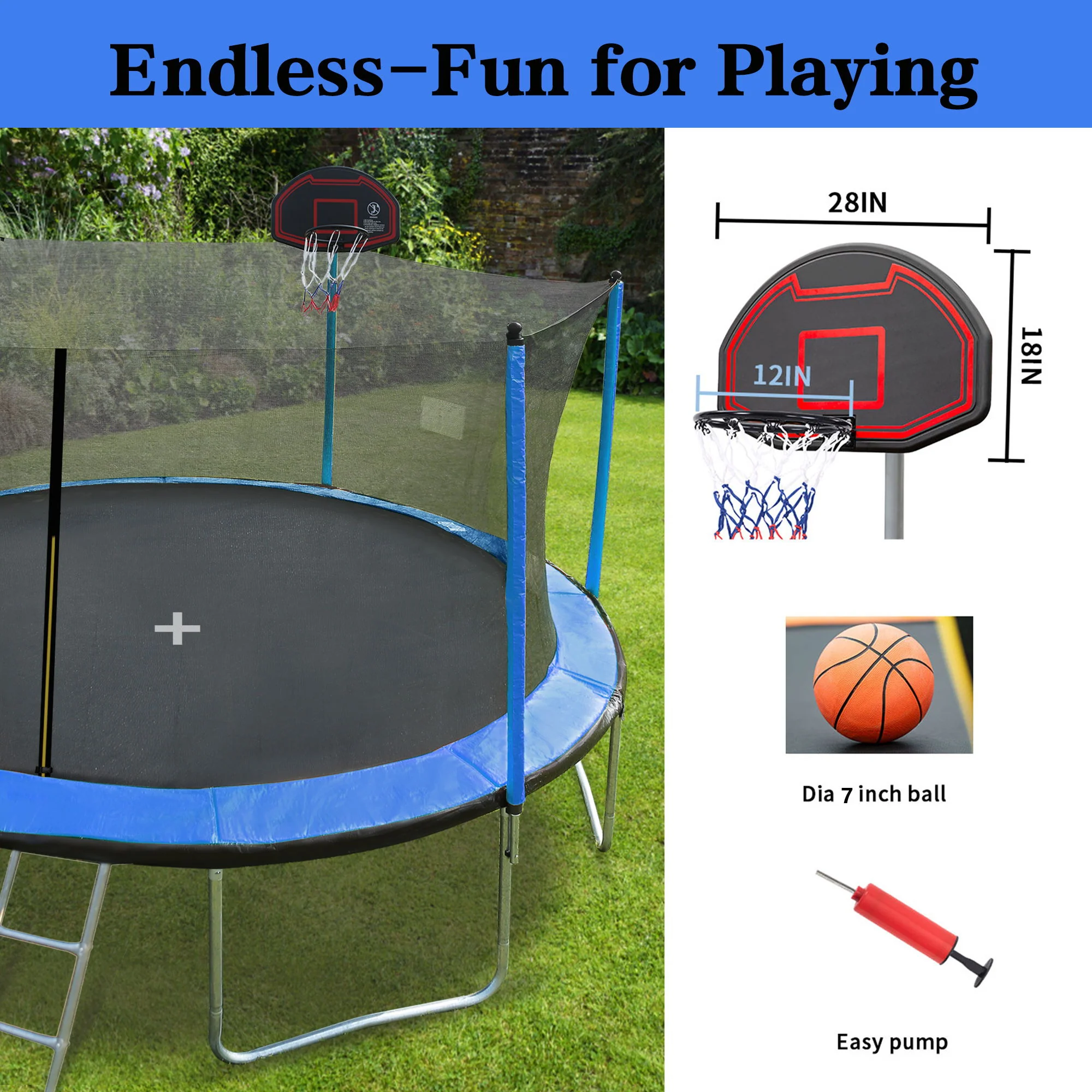 15Ft Trampoline With Basketball Hoop Inflator And Ladder (Inner Safety Enclosure) - Image 5