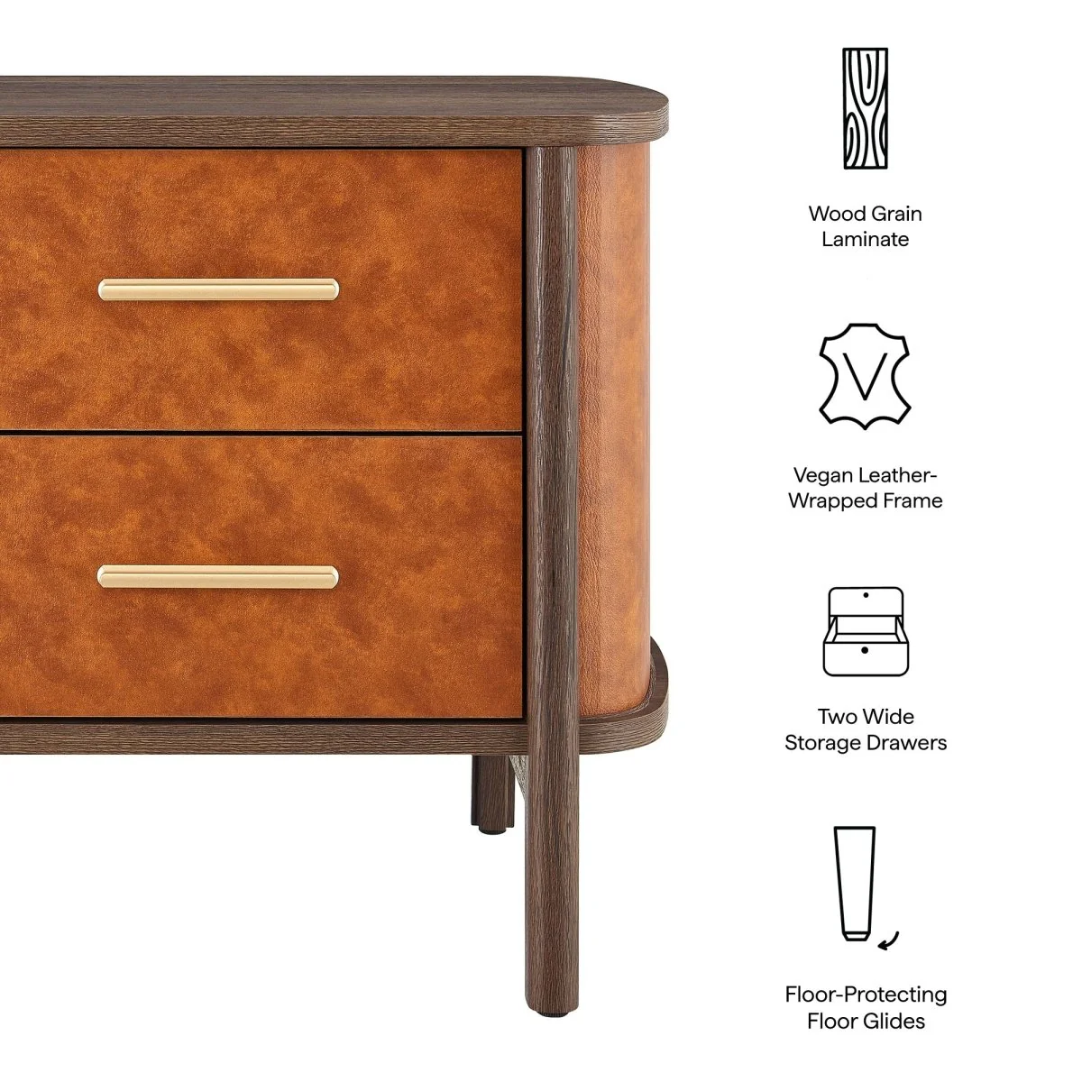 16" Curved Vegan Leather 2 Drawer Modern Nightstand - Image 2