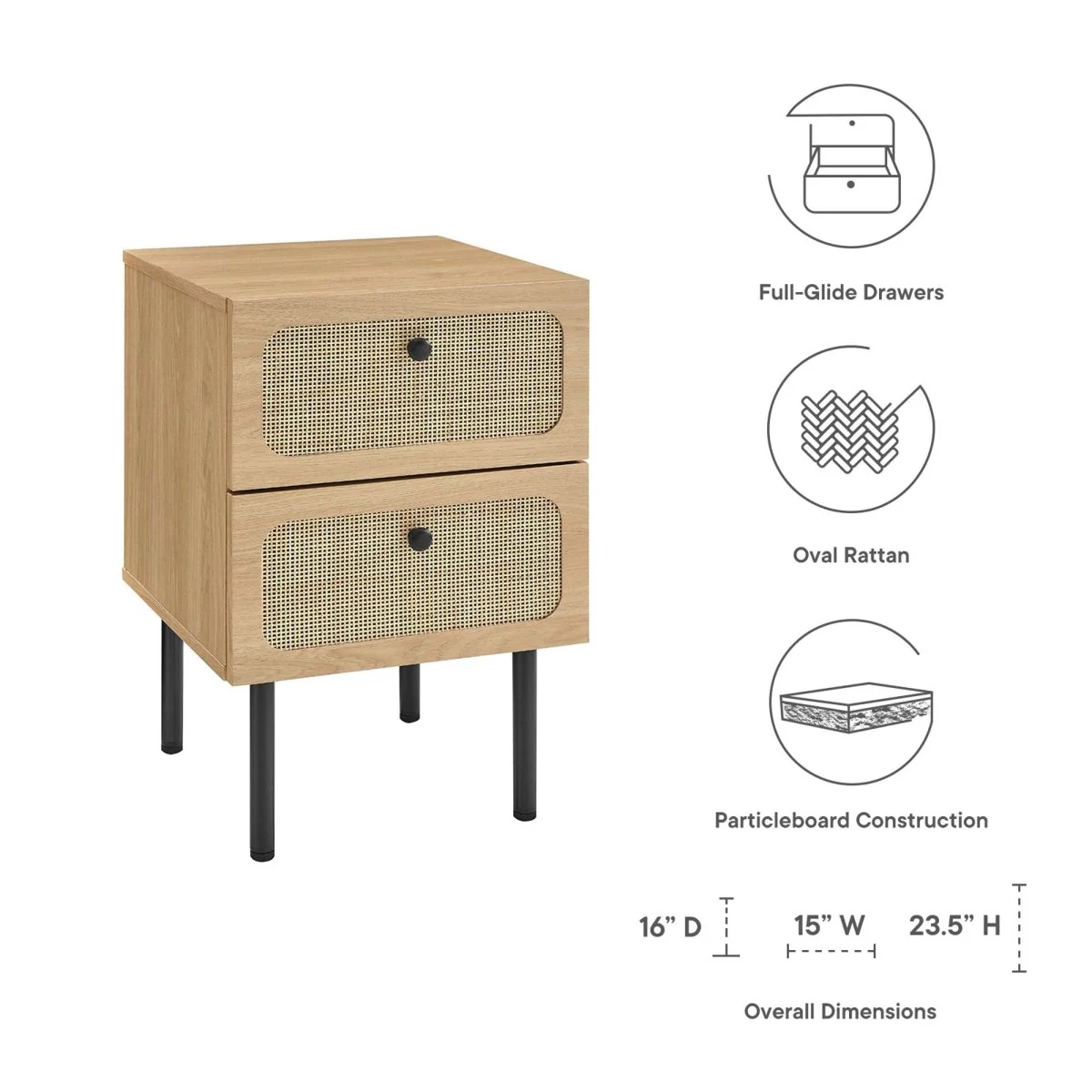 16" Modern Rattan 2 Drawer Nightstand - Image 8