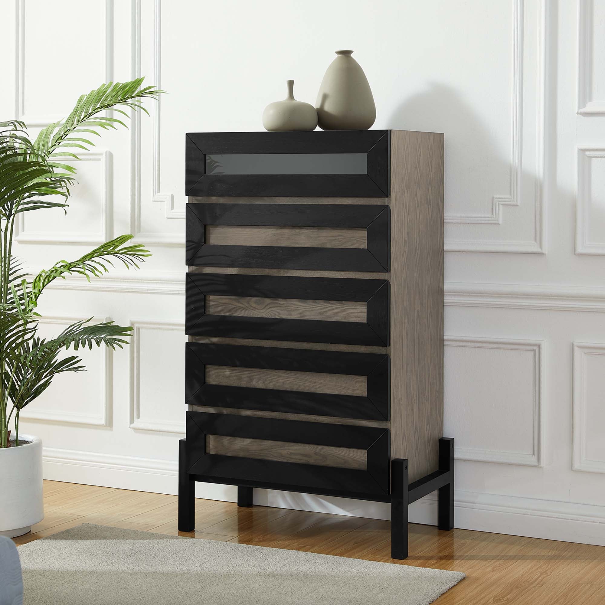 17" Oak Modern 5-Drawer Chest with Mirrored Accents - Image 7