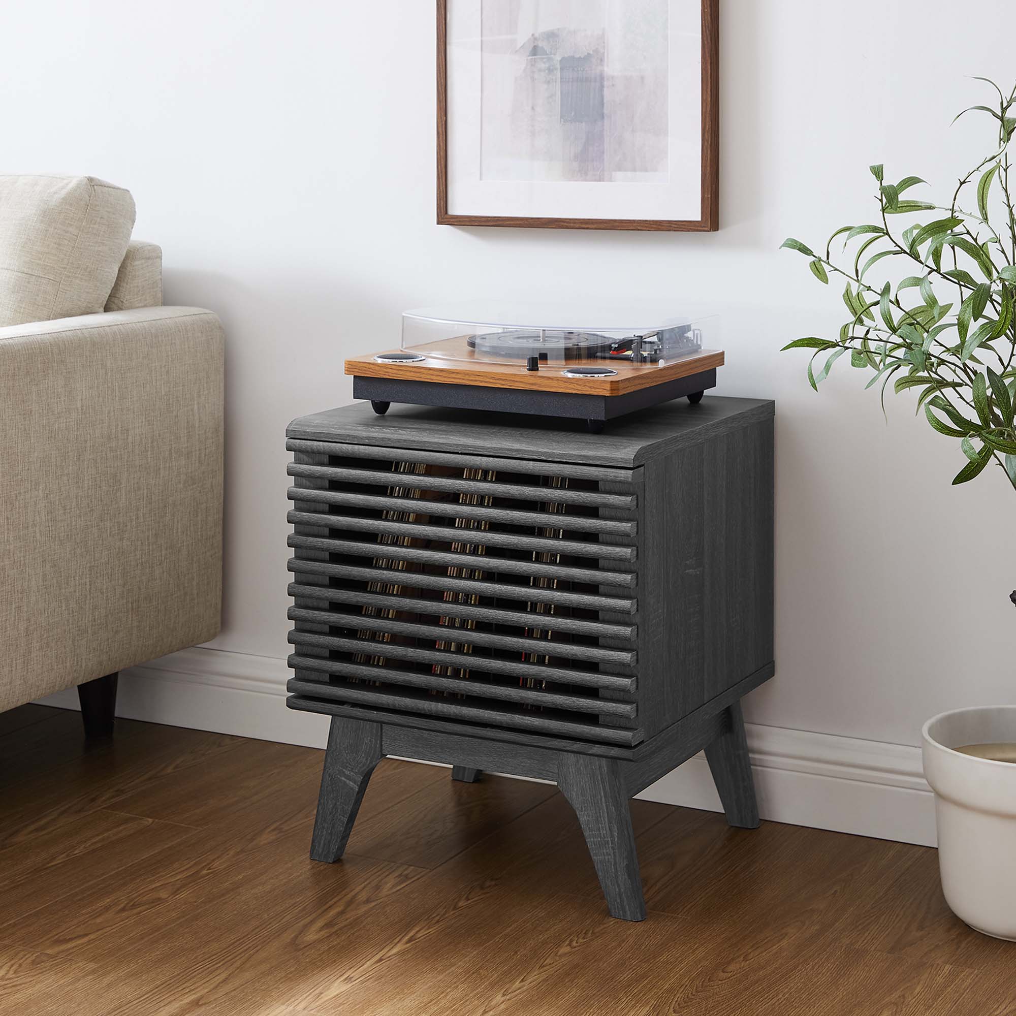19 Inch Vinyl Record Display Stand with Hinged Slatted Door and Metal Dividers - Image 6