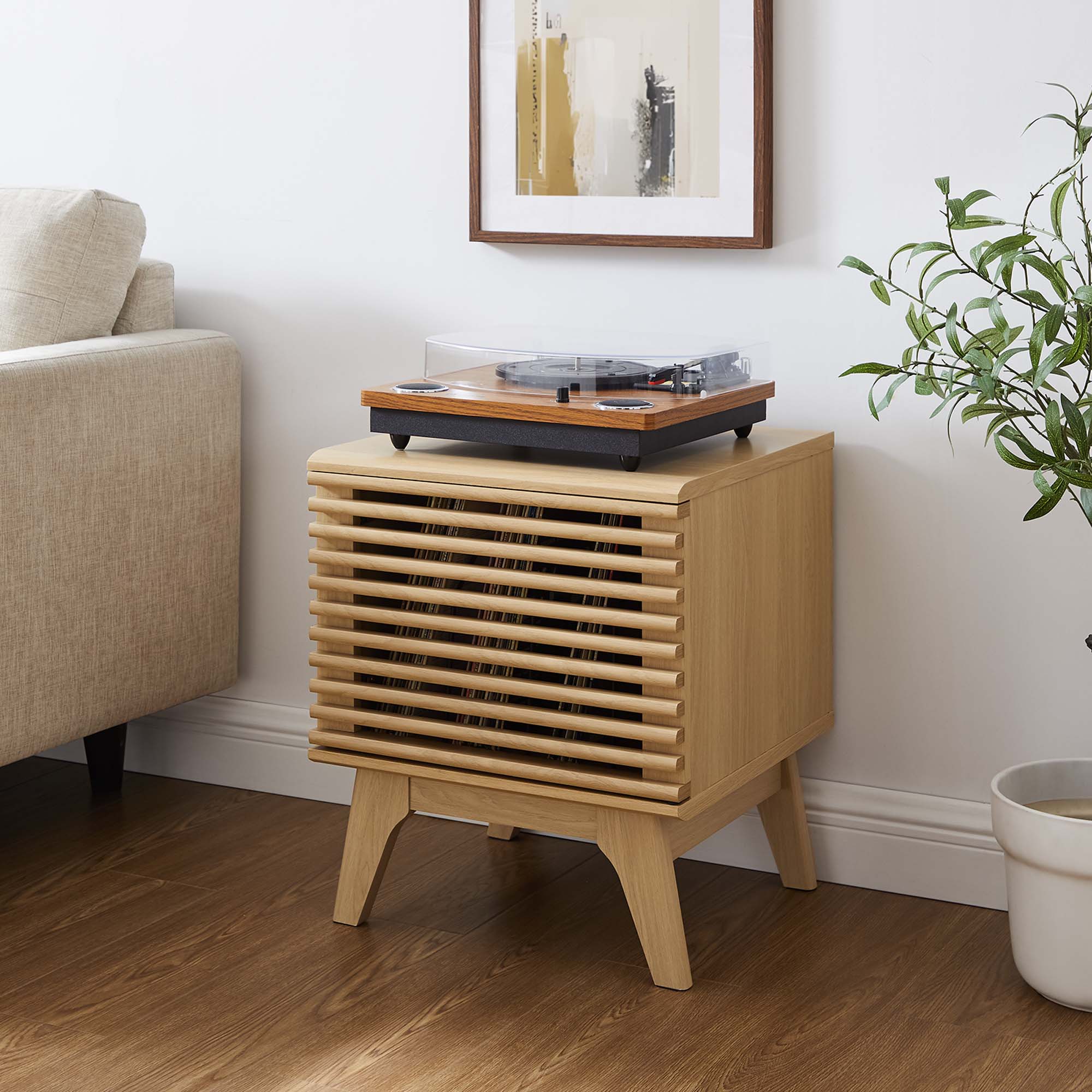 19 Inch Vinyl Record Display Stand with Hinged Slatted Door and Metal Dividers - Image 9