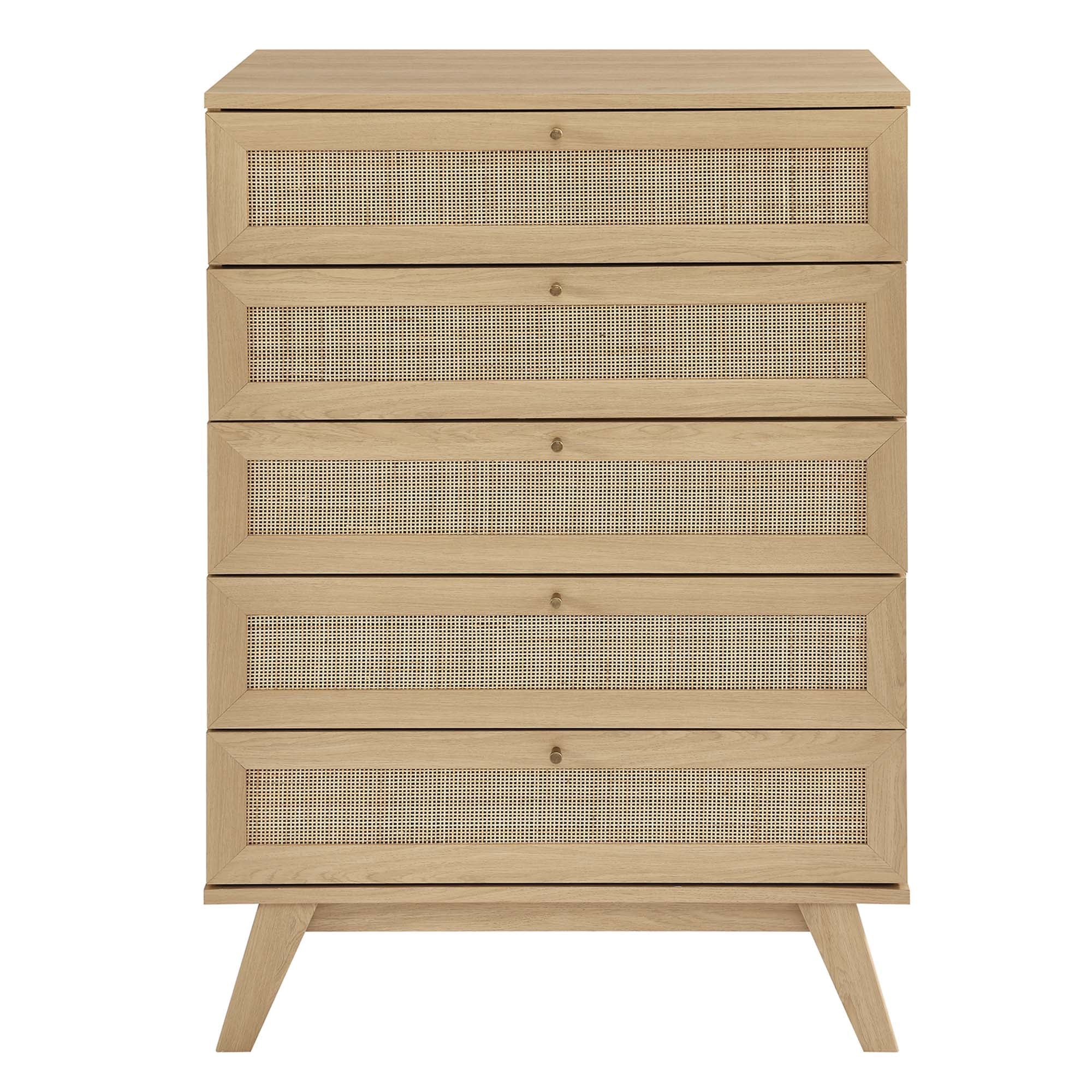 19" Oak Rattan 5-Drawer Bedroom Chest - Image 5
