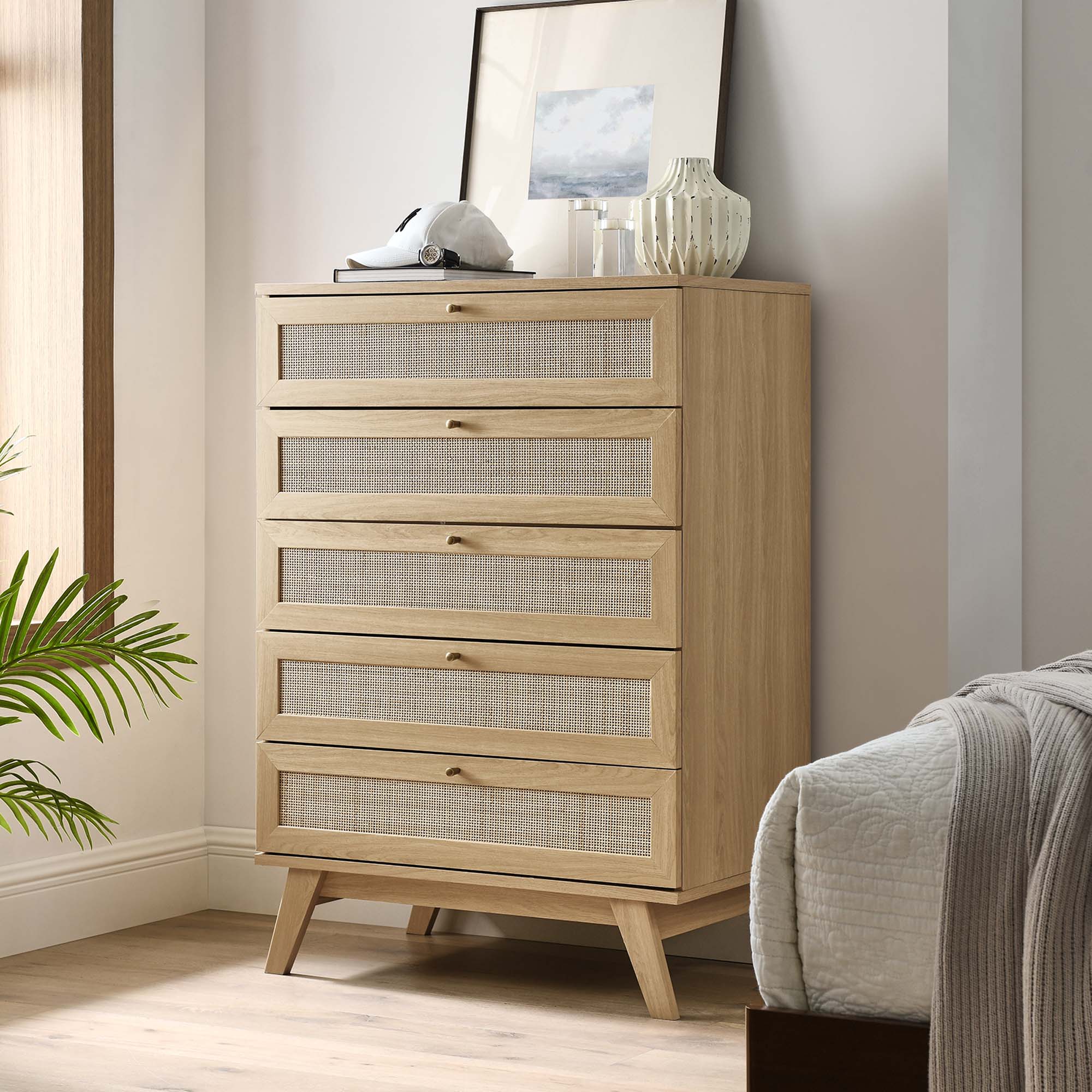19" Oak Rattan 5-Drawer Bedroom Chest - Image 7