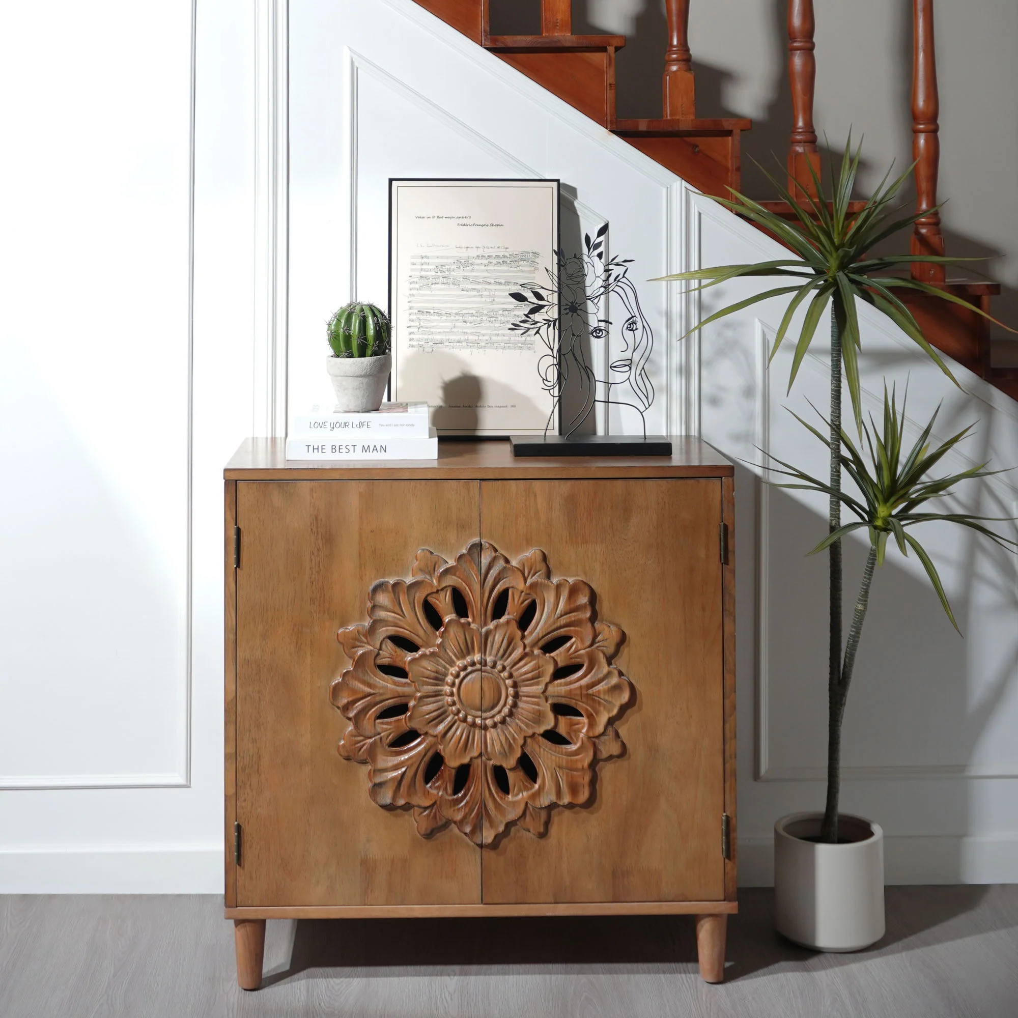 2 Door Accent Storage Cabinet With Floral Design, Sideboard For Living Room - Dark Brown - Image 7