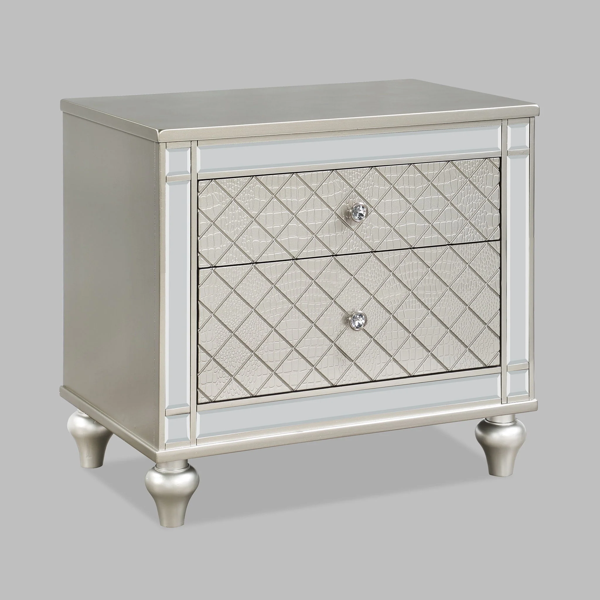 2 Drawer Nightstand With Diamond Patterned Fronts - Silver - Image 4
